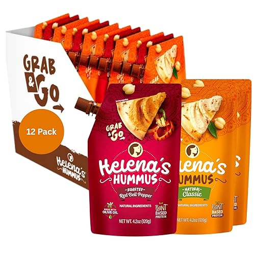 Miniatura 11 de Helena Hummus (pack de 3), estable en estante, sin conservantes añadidos, 2 hummus natural clásico de 4.23 oz y 1 hummus de pimiento rojo asado para