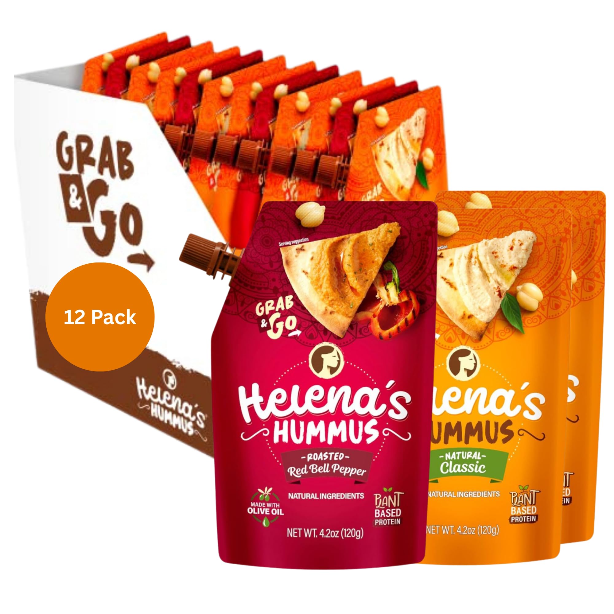 Helena Hummus (12-pack), Shelf-Stable, No Added Preservatives, 8 Natural Classic 4.23 oz and 4 Roasted Bell Pepper Hummus To-Go, 4.23 oz (4 Tripacks)