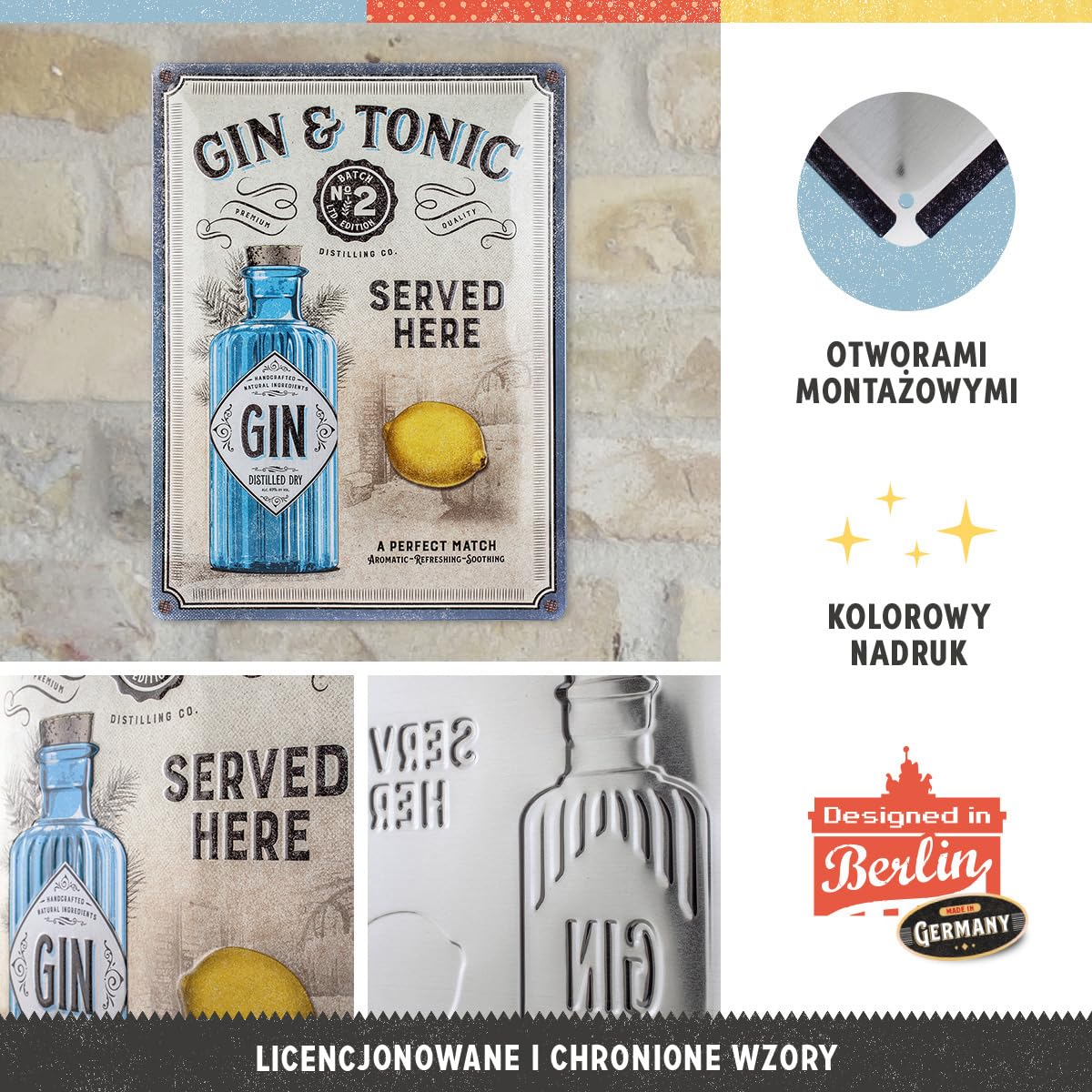 Nostalgic-Art Retro tabliczka z blachy, 30 x 40 cm, Gin & Tonic Served Here – Pomysł na prezent dla miłośników barów, z metalu, Styl vintage