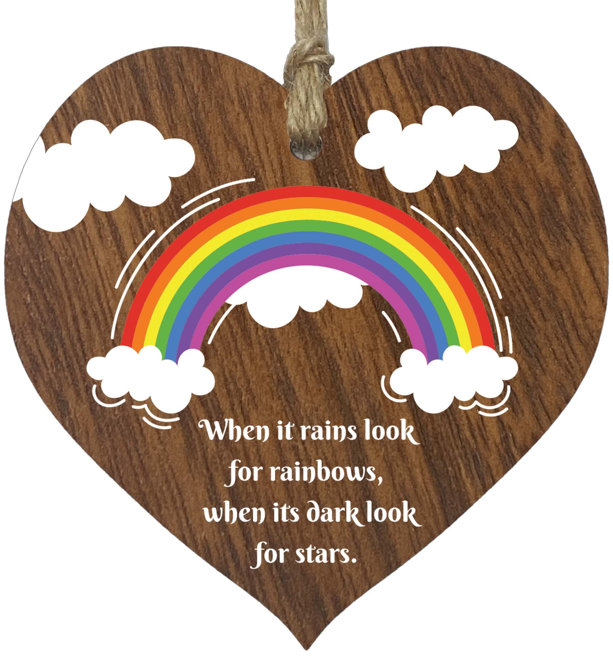 When it Rains Look for Rainbows Hanging Dark Wood Wooden Heart Sign Plaque