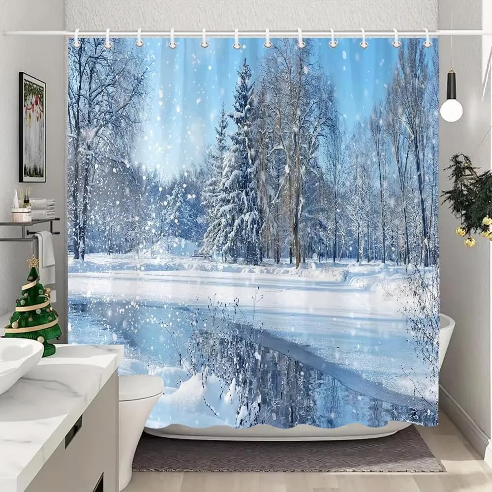 Rideau de Douche Hivernal en Polyester, Motif forêt enneigée, Style Ferme et Montagne, pour Salle de Bain (203 x 235 cm/L x H)