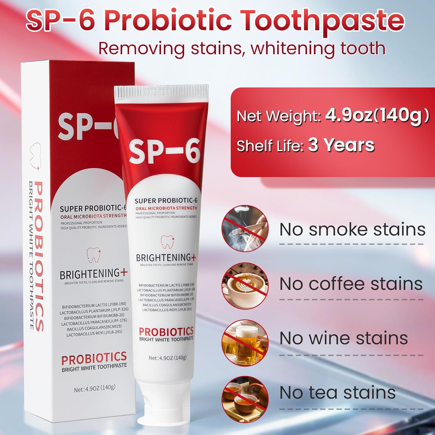 SP-6 Probiotic Whitening Toothpaste, SP-6 Probiotic Toothpaste, Enhanced Formula with 6 Probiotics for Teeth Whitening/Brightening, Enamel-Safe, Fluoride-Free, Fresh Mint Flavor, 4.9oz, 2Pack - Image 2