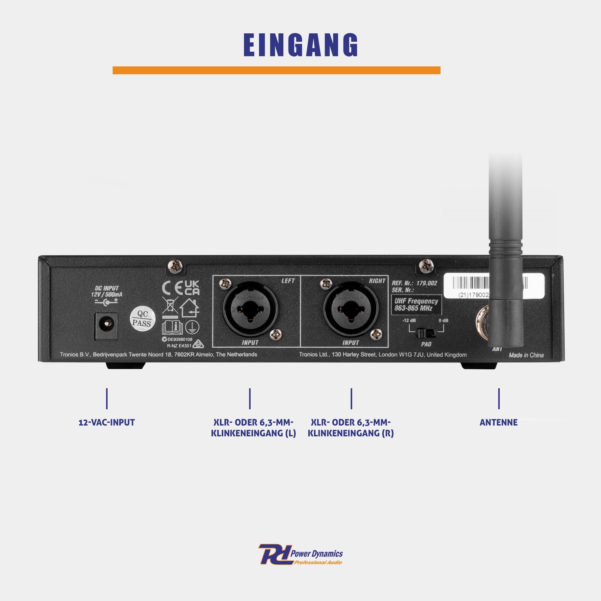 Power Dynamics PD810 Sender und Taschenempfänger Bodypack, 50m Reichweite, In Ear Monitor System UHF, In Ear Monitoring Drahtlosanlage, Schwarz