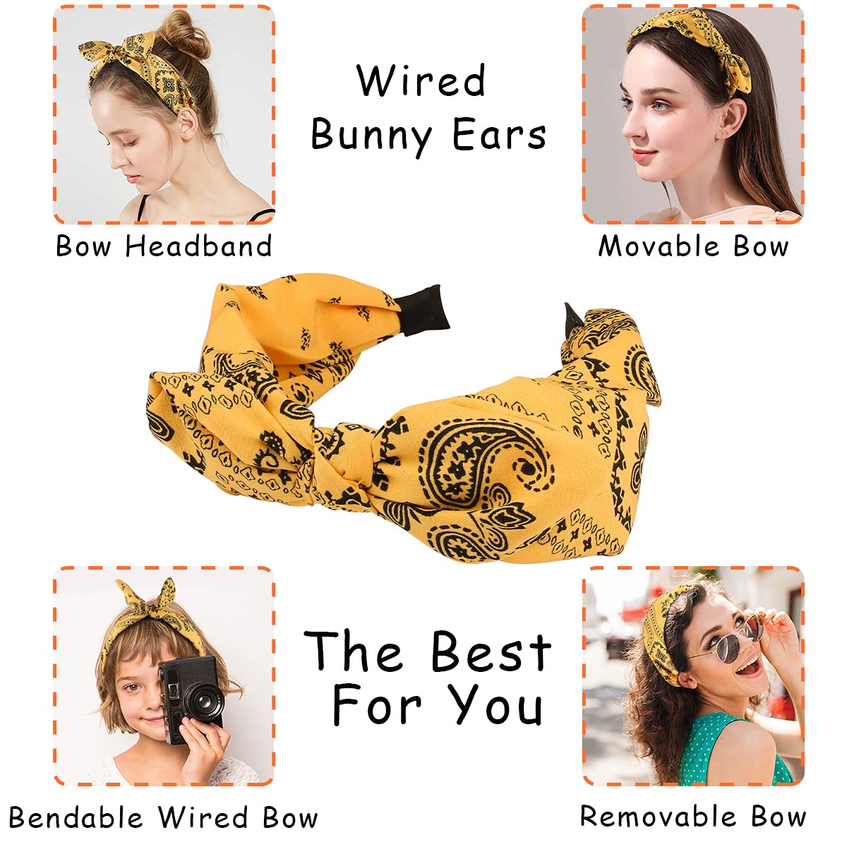 TOBATOBA 6pcs Women's Elastic Paisley Headbands with Bow - Knotted Bow Headbands, Wide Top Knot Headband, Turban Headwraps, Cute Hair Band for Women & Girls