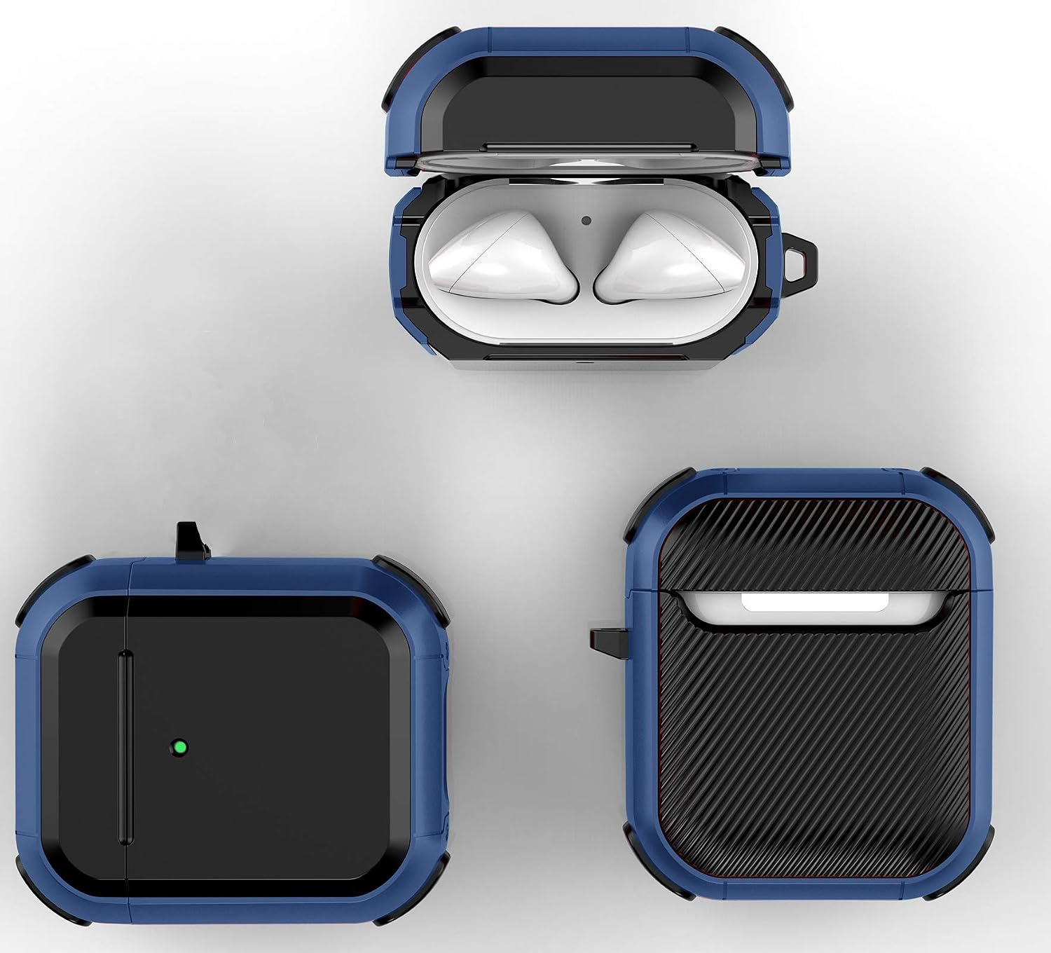 YOMPLOW Armor Airpods Case, Air Pods Full-Body Rugged Protective Case Men Charging Skin Shockproof iPods Case Cover with Carabiner for Apple Airpods 2&1 (Black/Blue)