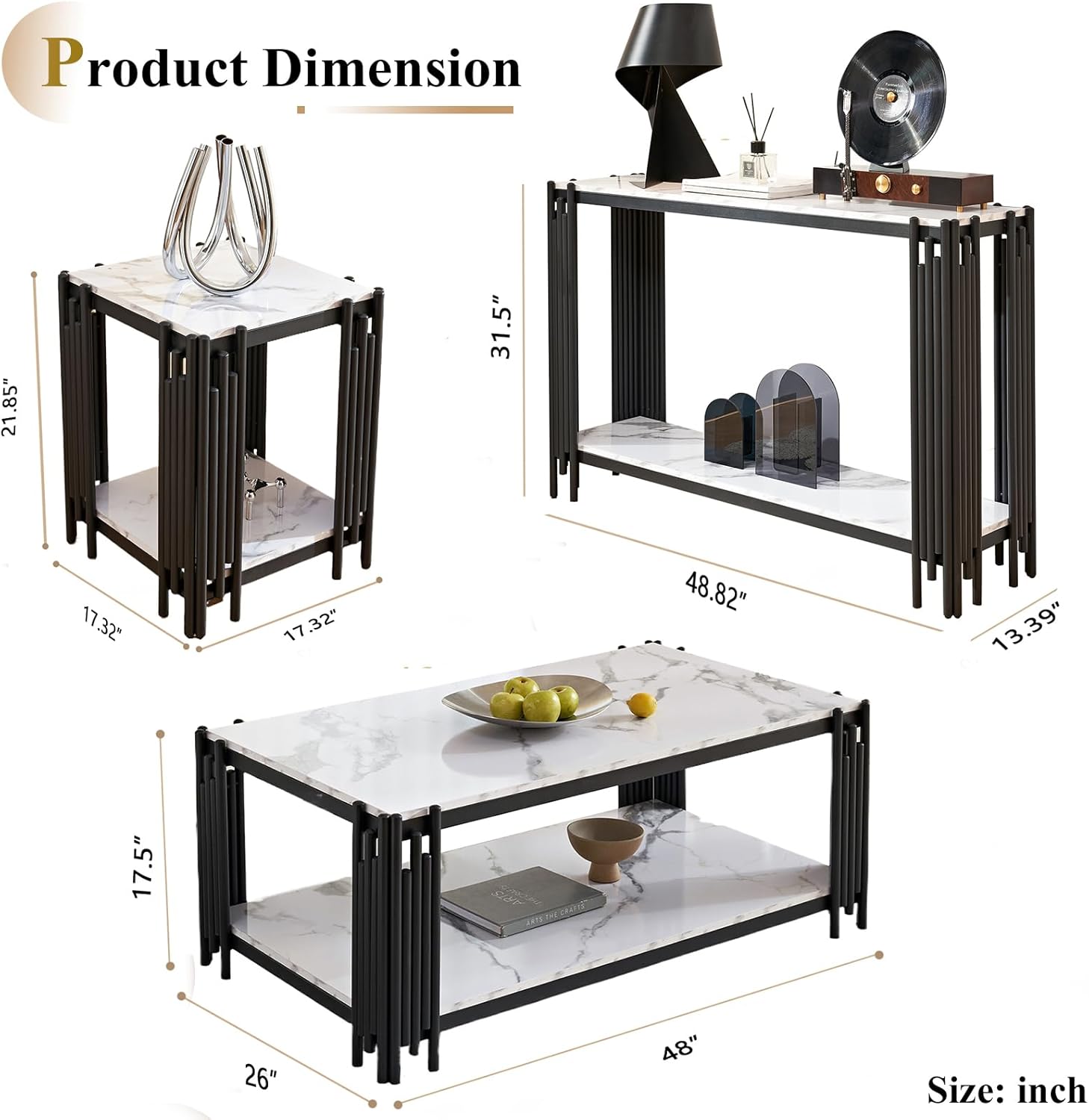 Goujxcy Marble Coffee Table Set of 4, Elegant White Faux Marble Coffee Table Console Table 2 End Table Set with Black Metal Frame, 4 Piece Living Room Table Set for Apartment Home Office