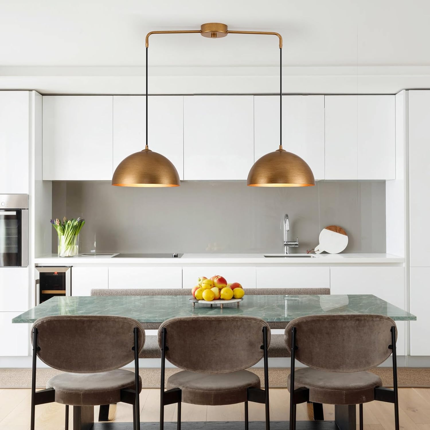 2-Light Pendant Lights Kitchen Island, Gold Metal Dome Shade Pendant Light, Kitchen Pendant Lighting Over Island, Adjustable Height Hanging Light Fixture for Farmhouse Dining Room Kitchen Cafe