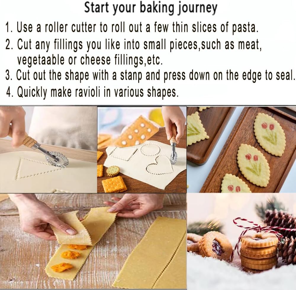 2 PCS Ravioli Cutter Stamps with Roller Wheel Round Mold with Wooden Handle and Fluted Edge Pasta Press Pasta Cutter for Home and Kitchen Use- 1.6" Diameter
