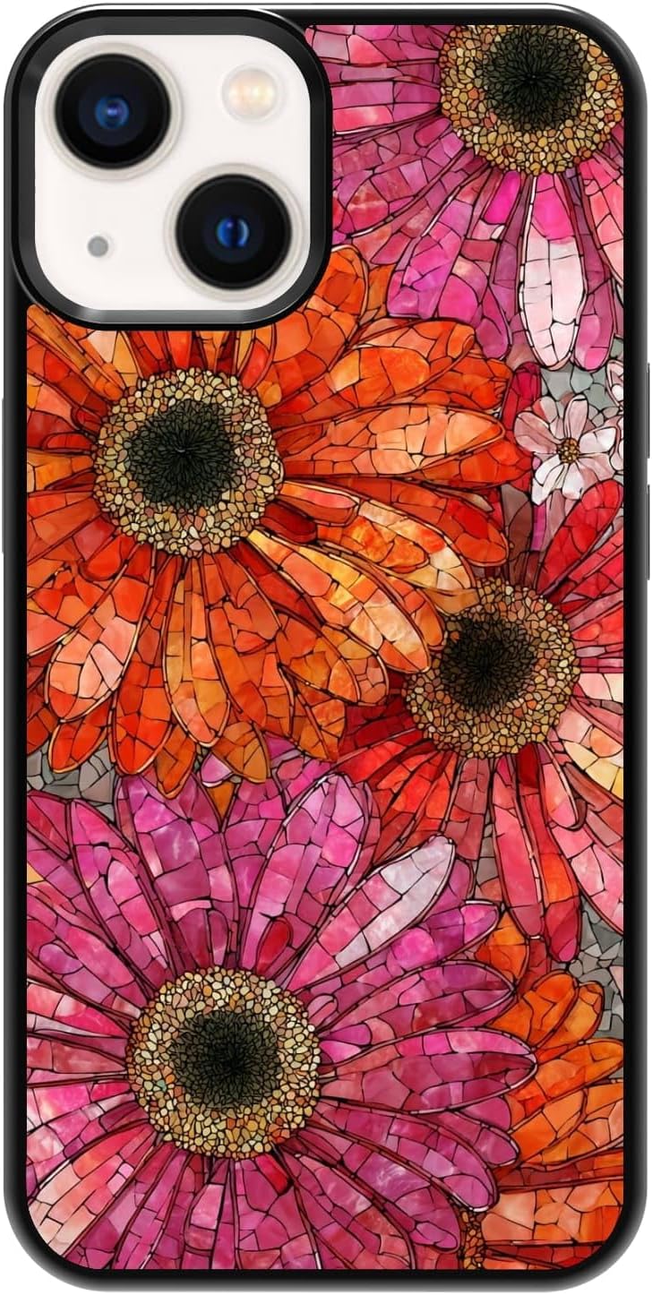 Vibrant Mosaic Gerbera Daisy Stained Glass Flower Artistic Phone Case, Shockproof Protective Cover for iPhone 11 12 13 14 15 16 17 Pro Max Plus Mini XR 7 8 SE