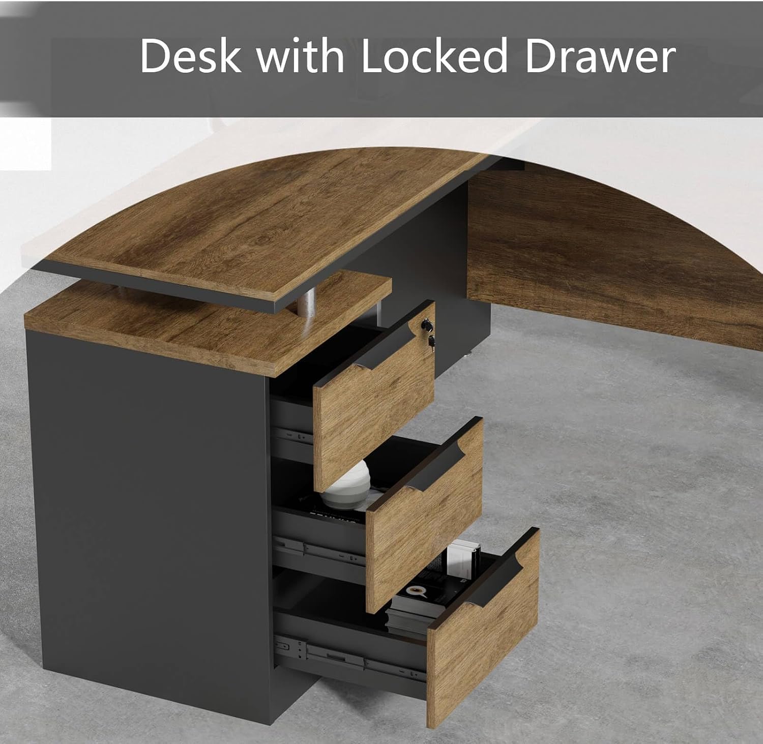 63 Inch L-Shaped Executive Desk, Industrial Modern Wood Office Desk with Locking Drawers, Built-in Cable Management & Power Outlet, Real Wood Finish, Reversible Left/Right Return Home Workstation