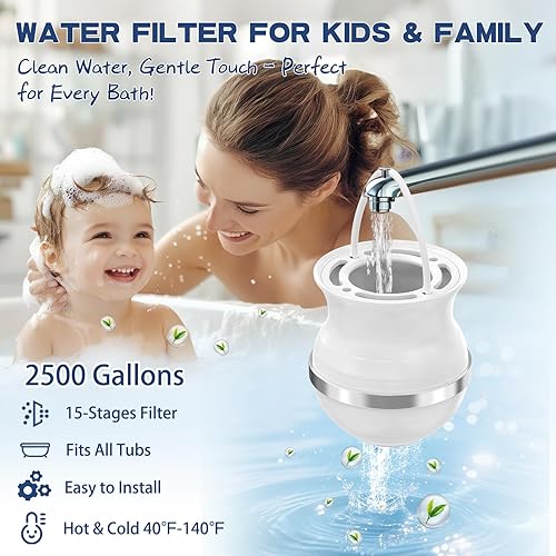 Miniatura 3 de Filtro de baño mejorado 3.0, filtro de agua de baño de 15 etapas para grifo de bañera, elimina el 99.9% del cloro y los contaminantes, sin BPA, 2500