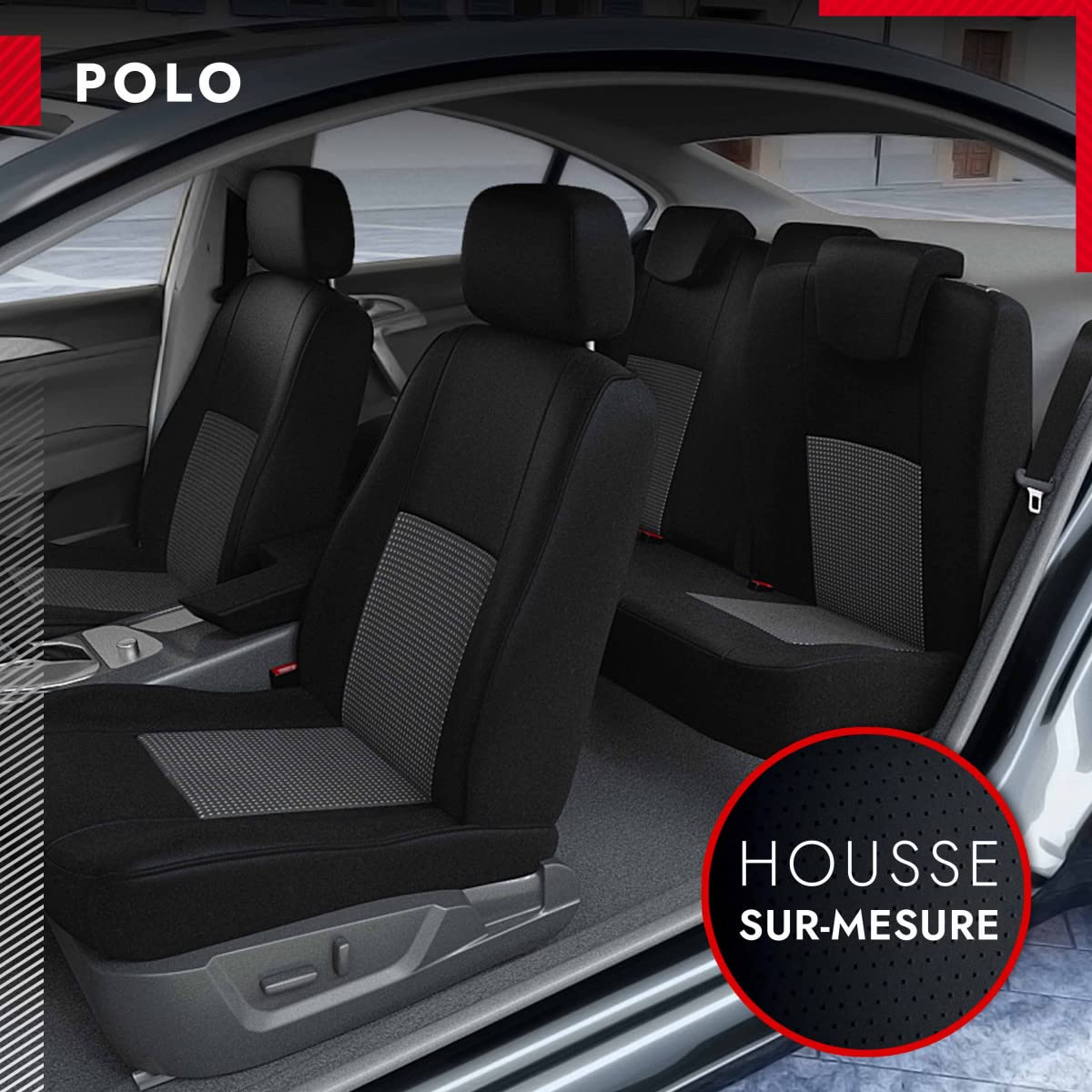 DBS - Housses de siège sur Mesure pour Polo (de 07/2009 à 09/2017)| Housse Voiture/Auto d'intérieur | Haut de Gamme | Jeu Complet en Tissu | Montage Rapide