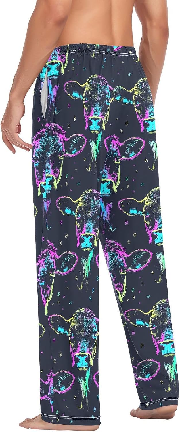 ALAZA Neon Cow Portrait Print Men's Pajama Pants Men Cotton Pajama Bottoms with Pockets, S