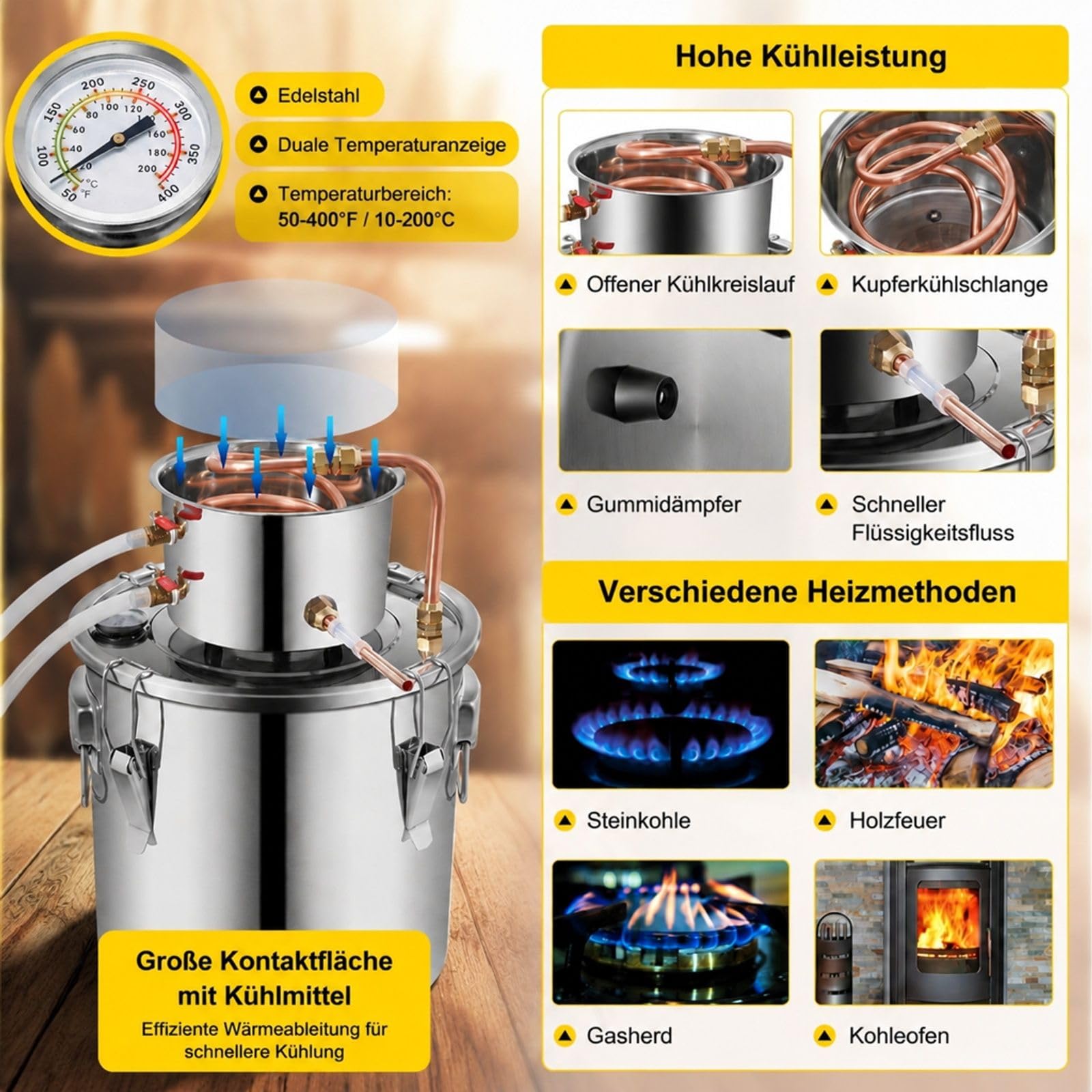 20L Destille aus Edelstahl für Wasser, Set mit Kessel und Kondensator für den Heimgebrauch