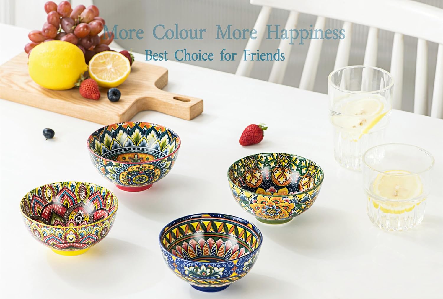 Henten Home Soup Bowls, Ceramic Dessert Bowls/Snack Bowls - 360 ml, Bowl for Ice Cream, Rice, Dessert, Colourful Serving Bowls Set of 4 - Bohemian Style image 3