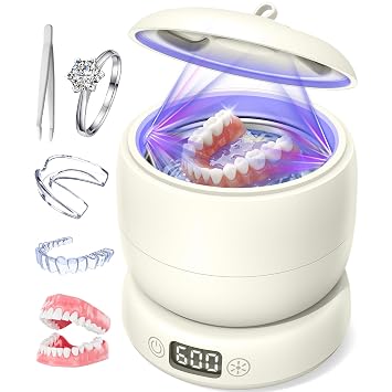 Ultrasonic Retainer Cleaner Machine, 42kHz Dental Cleaning Pod for Dentures, Aligners, Mouth Guards, Jewelry - IPX7 Waterproof Durable Removable Base and Top Cover, 3 Timer Settings, Cream White