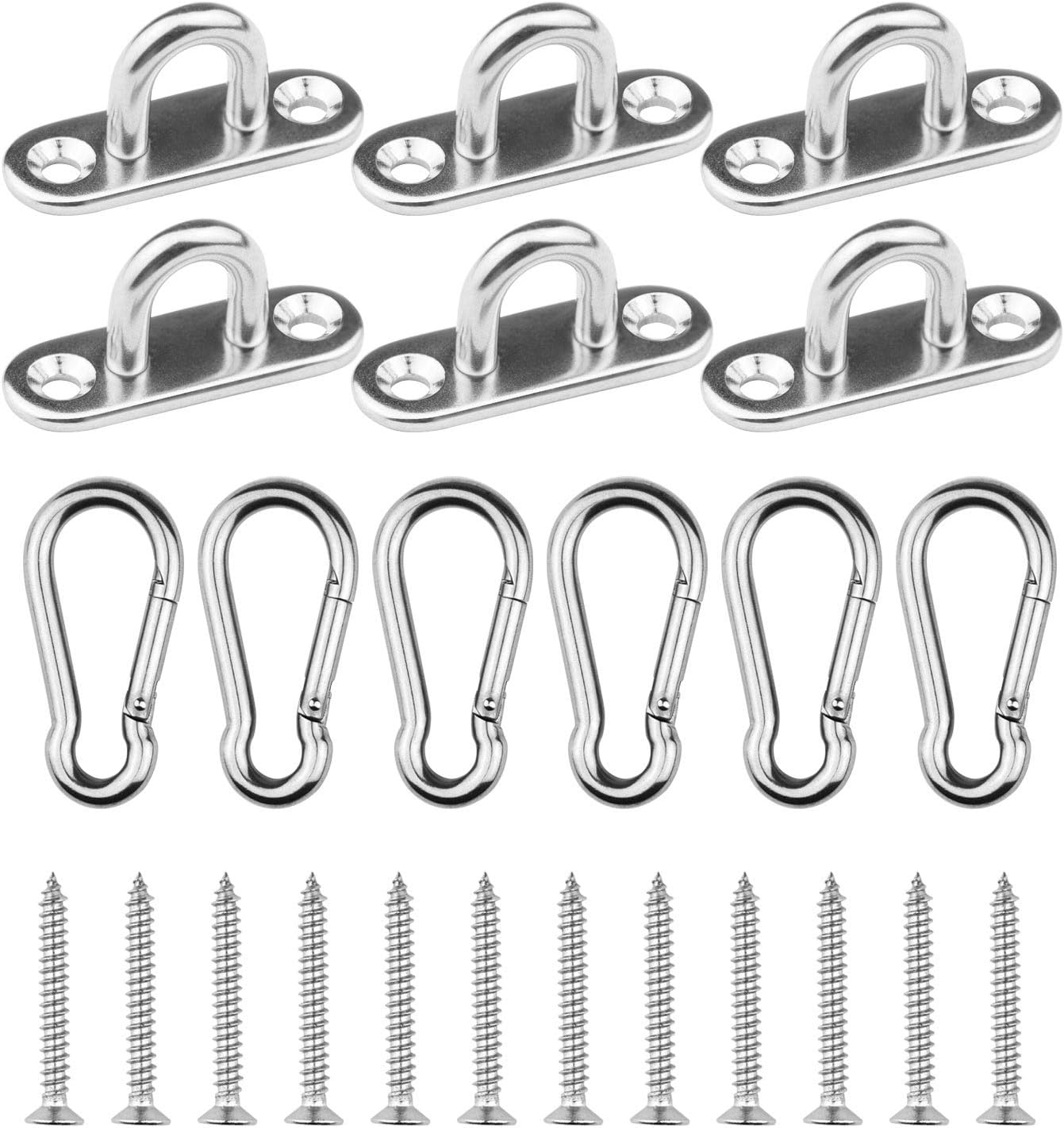 6 Pieces Stainless Steel 1.8 inch Pad Eye Plate U Hooks + 6 Pieces Stainless Steel Snap Hook, Marine Hardware Staple Loop with Screws