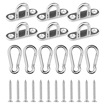 EXCELFU 6 Pieces Stainless Steel 1.8 inch Pad Eye Plate U Hooks + 6 Pieces Stainless Steel Snap Hook, Marine Hardware Staple Hook Loop with Screws