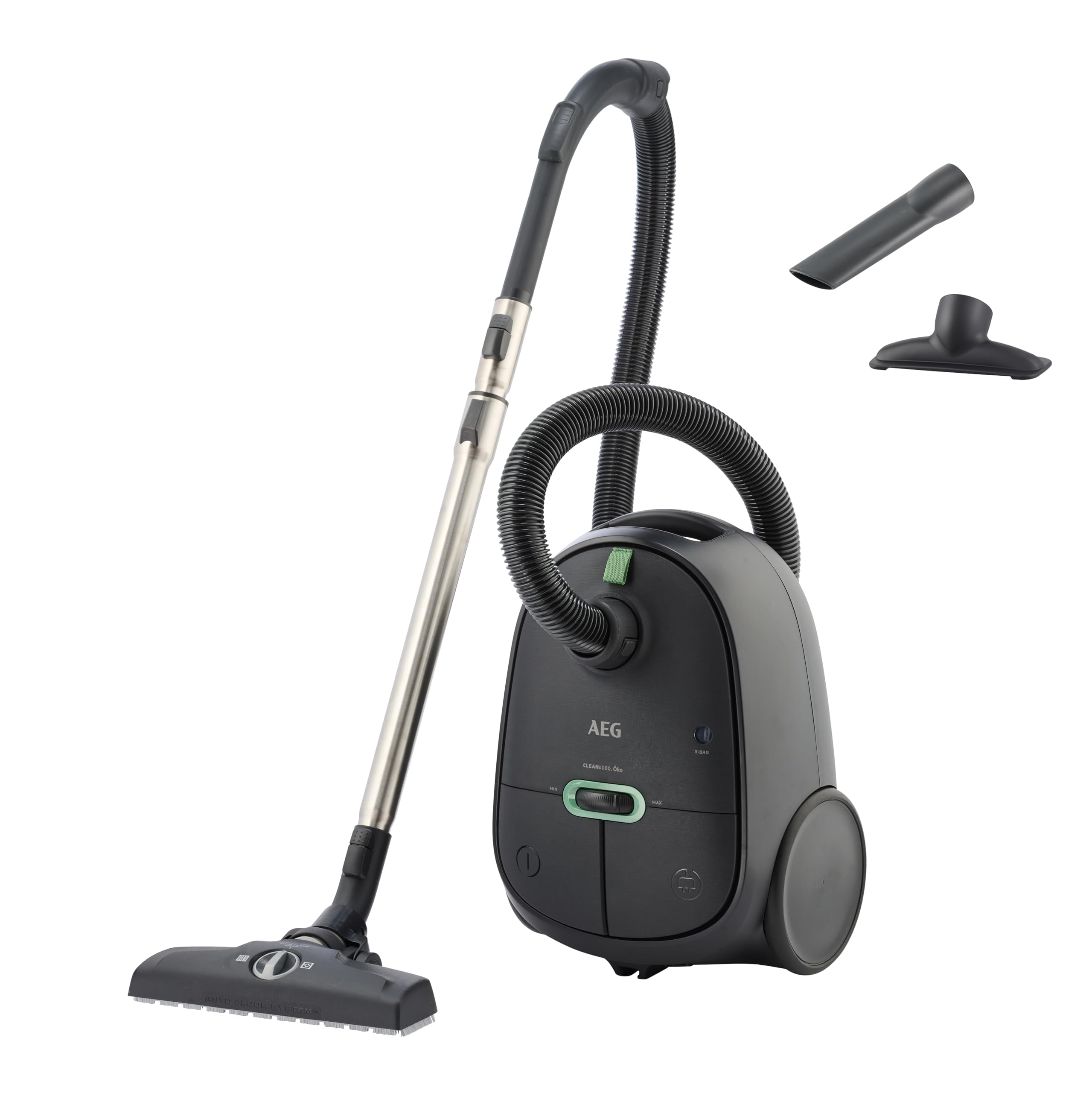 AEG CLEAN 6000 ÖKO Staubsauger mit Beutel, Hohe Saugleistung, Zusatzdüsen, XL-Räder, Edelstahl-Teleskoprohr, aus 65% Recyclingmaterial, 12 m Kabel, 850 Watt, Zubehör, Grau, AB61C1OKO