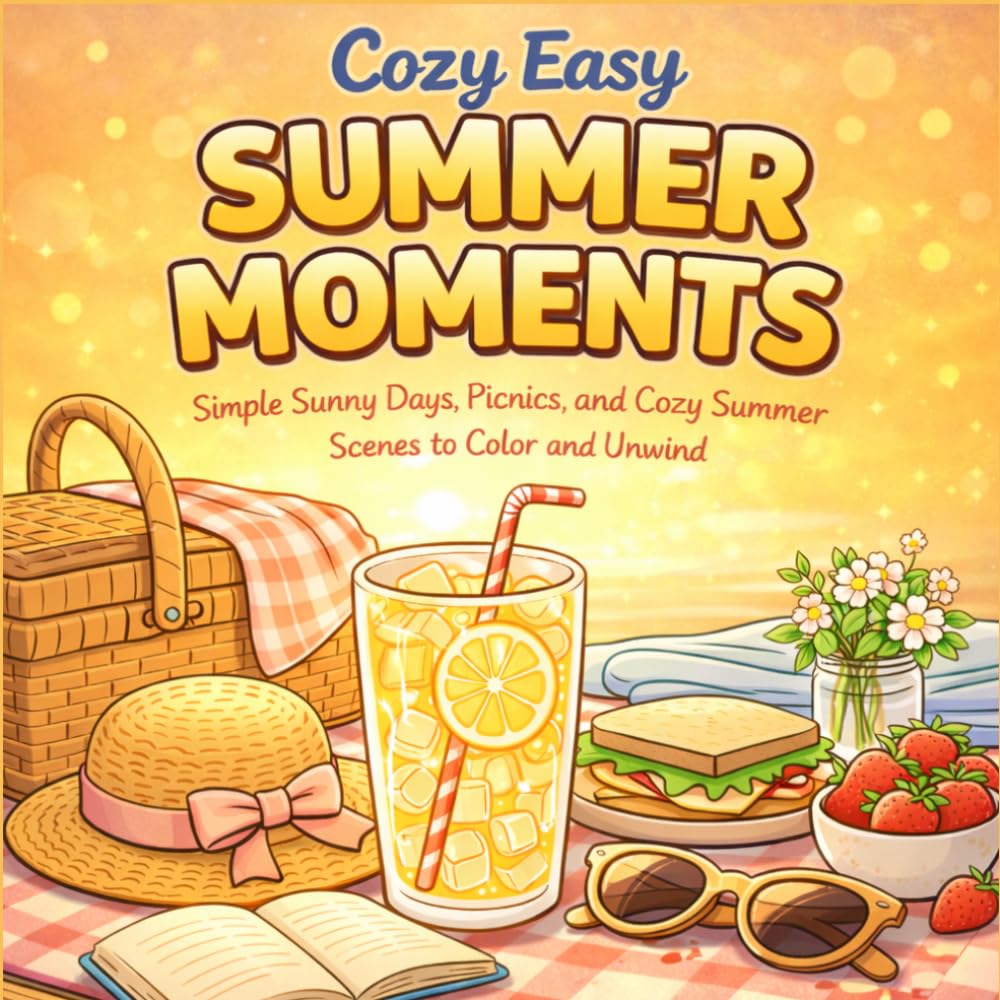 Cozy Easy Summer Moments Coloring Book for Adults: Easy and Relaxing Summer Coloring Pages with Picnics, Lemonade, Flowers, and Peaceful Sunny Day Scenes