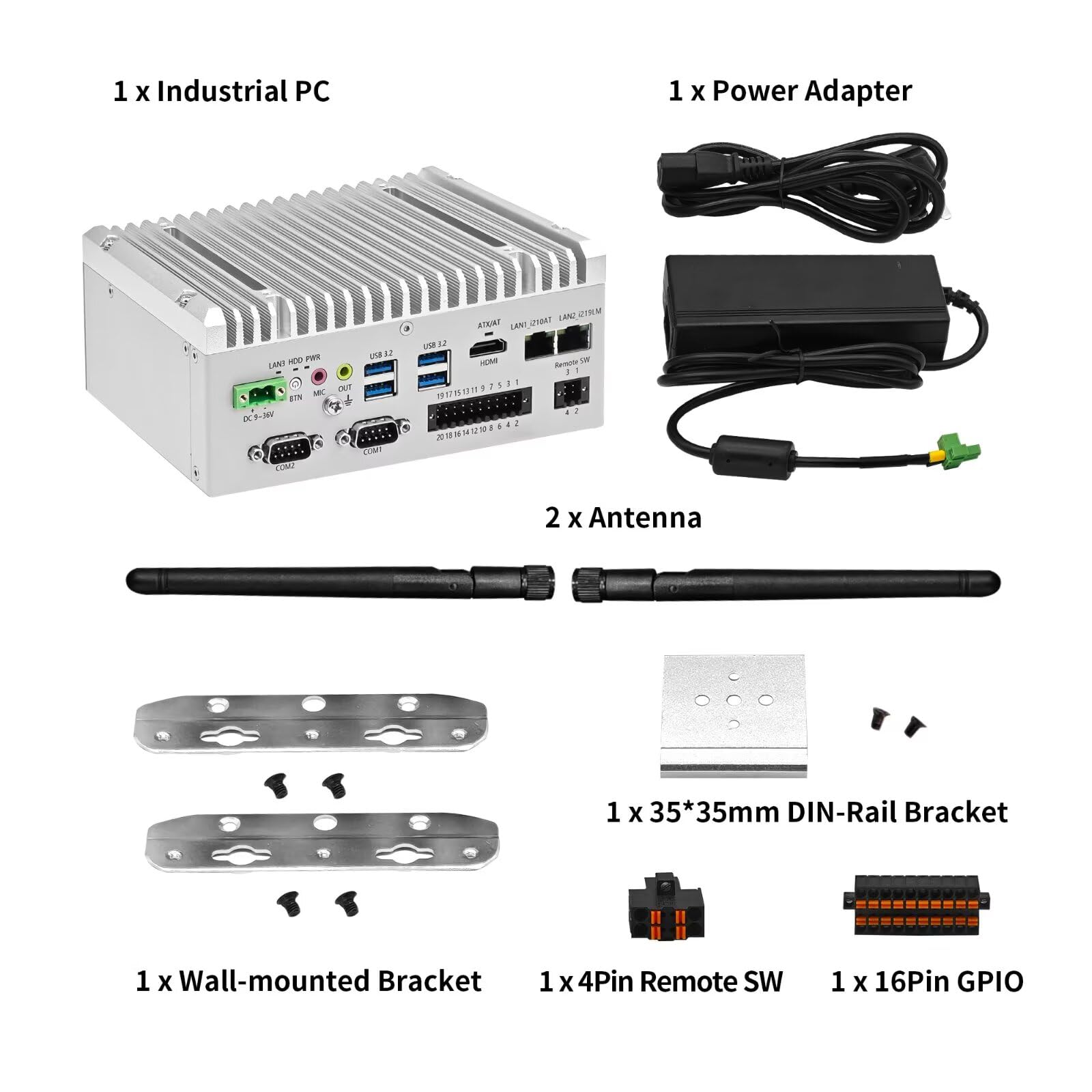 Industrial Mini PC Fanless Embedded Computer i5 8265U Dual LAN 2COM 16Pin GPIO 4USB3.2 4K Display Auto Power on DDR4 0G RAM 0G SSD
