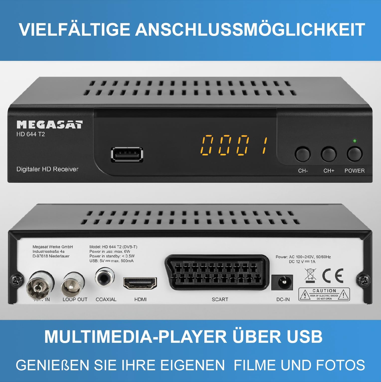 Megasat T644 DVB-T2 Receiver + aktive Zimmerantenne, HDTV für frei Empfangbare DVB-T2 Sender + netshop 25 HDMI Kabel