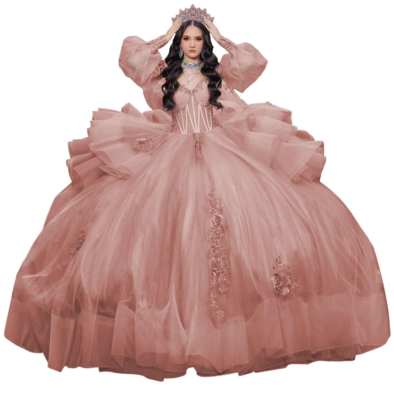 Mouccy Bead Lace Quinceanera Dresses with Dechable Sleeves Puffy Pearly Sweet 16 Dresses Ruffles Tulle Ball Gowns with Train