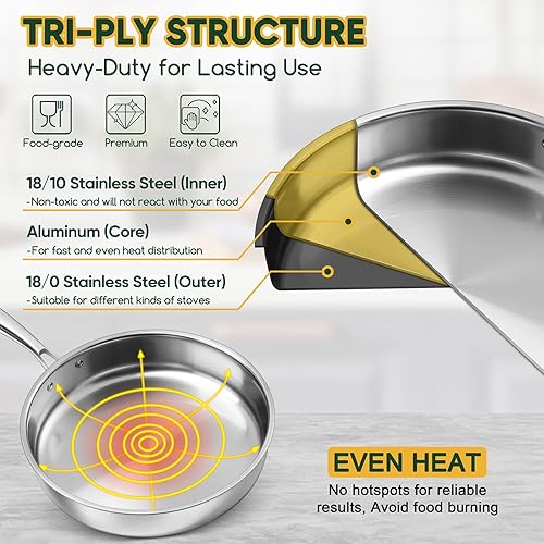 Miniatura 4 de P&P CHEF Sartén de acero inoxidable de 12 pulgadas, sartén de acero inoxidable de 3 capas, sartén de inducción, horno y todas las estufas, segura,