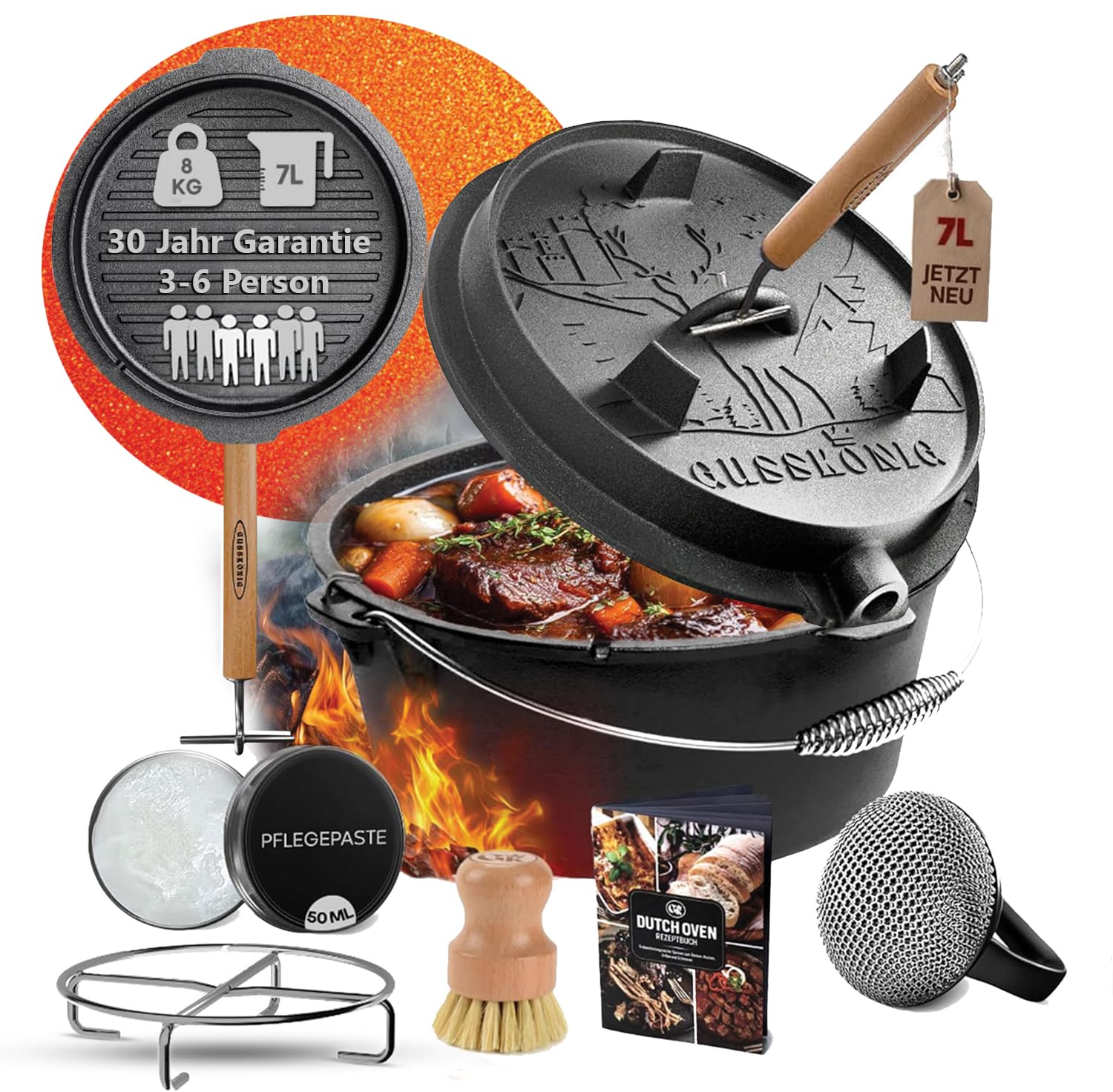 GUSSKÖNIG Dutch Oven Set–Eingebrannter Dutch Oven 7L–Feuertopf Gusseisen ohne Füß–Schmortopf Doppelfunktion-2in1 Deckelheber,Untersetzer,Schrubber,Pflegepaste,Bürste & Rezeptbuch-30 Jahre Garantie