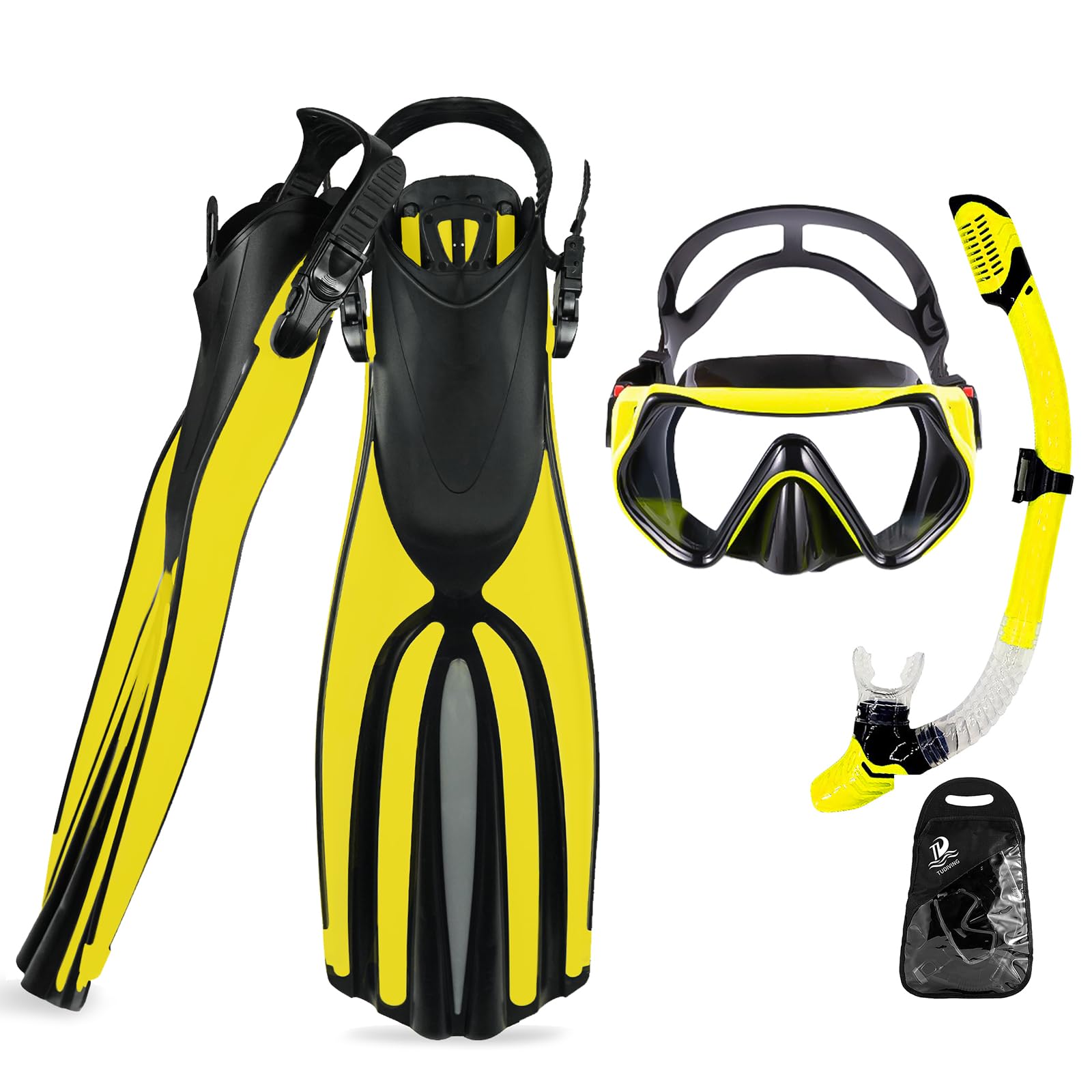 TUDIVING-Schnorchelset Erwachsene mit Verstellbare Taucherflossen Anti-Leck & Anti-Fog Taucherbrille und Dry Schnorchel, Professionell Schnorcheln Set für Tauchen und Schwimmen