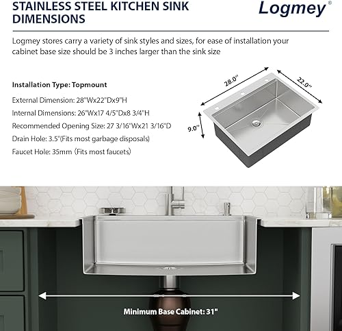 Vista 149 de Logmey Fregadero de cocina negro de 33 x 22 pulgadas, estación de trabajo SUS304, calibre 16, acero inoxidable, cuenco individual, montaje superior