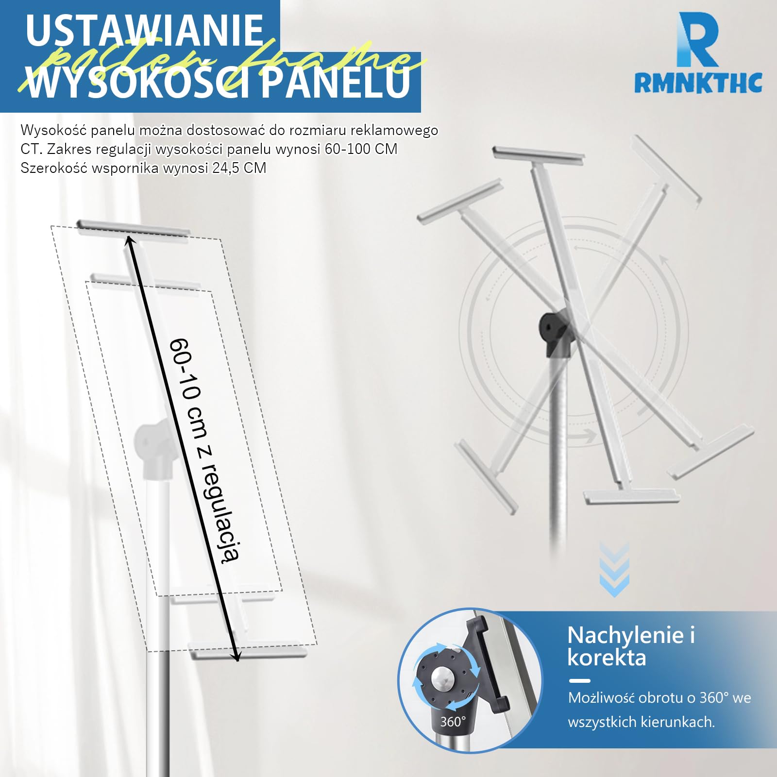 Stojak na plakat, stojak wystawowy, regulacja wysokości 60-100 cm, format pionowy/poziomy + podstawa Ø 28 cm, uchwyt na plakat do sklepów/targów (srebrny)
