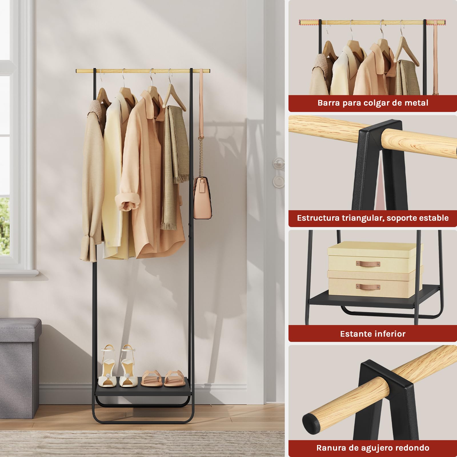 WOLTU Perchero con Estantes metálicos para Colgador Ropa Zapatos para Vestidor Pasillo Dormitorio, Negro, 54 x 45 x 141cm