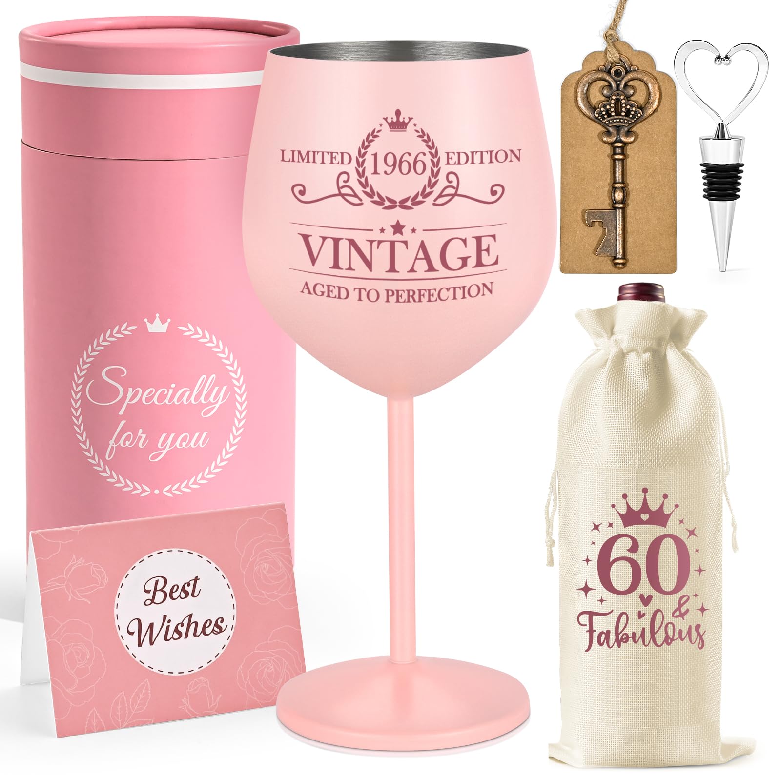 Livole 60th Birthday Gifts for Women, Her, Mum, 1966 Birthday Gifts for Women, 1966 Vintage Aged to Perfection, 60th Wine Glasses, 18oz 550ml Red Wine Goblet, Bottle Opener
