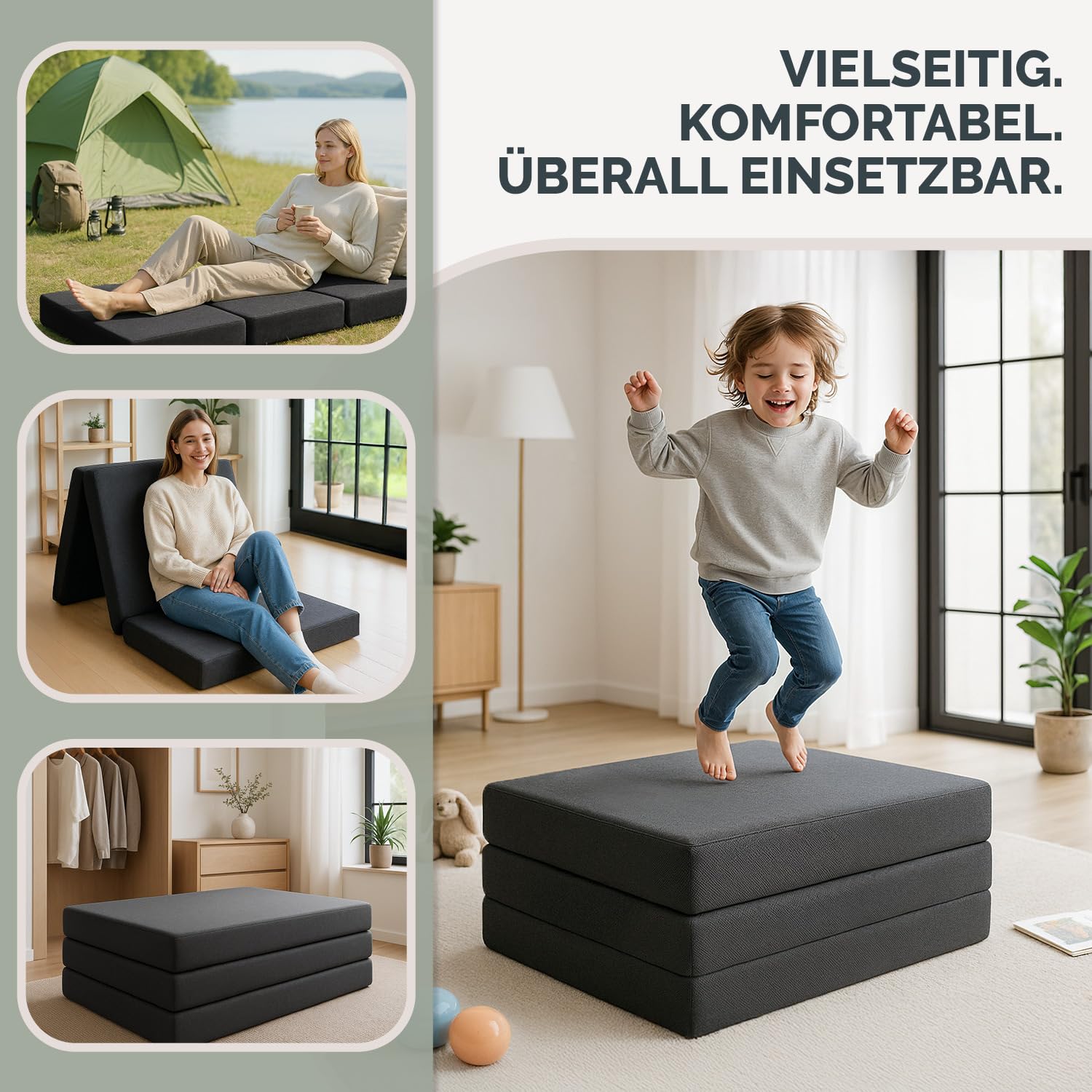 Blumtal Klappmatratze 120x200 cm - 3teilige Gästematratze klappbar extra dick (15 cm) - rückenfreundliche Faltmatratze 140x200 Schaumstoff - Schlafmatratze + Bezug Anthrazit hautfreundlich & waschbar