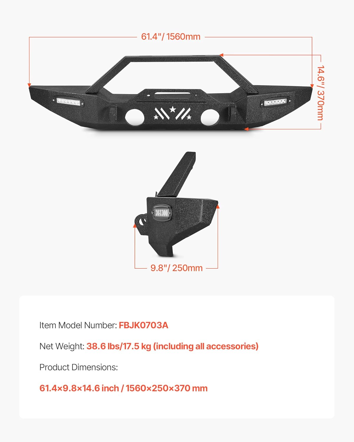 VEVOR Front Bumper Compatible with 2007-2024 Jeep Wrangler JK/JKU JL/JLU & Gladiator JT - with 2PCS LED Light Bars, Winch Plate & Fog Light Housing, Heavy-Duty Steel Front Bumper with E-Coating