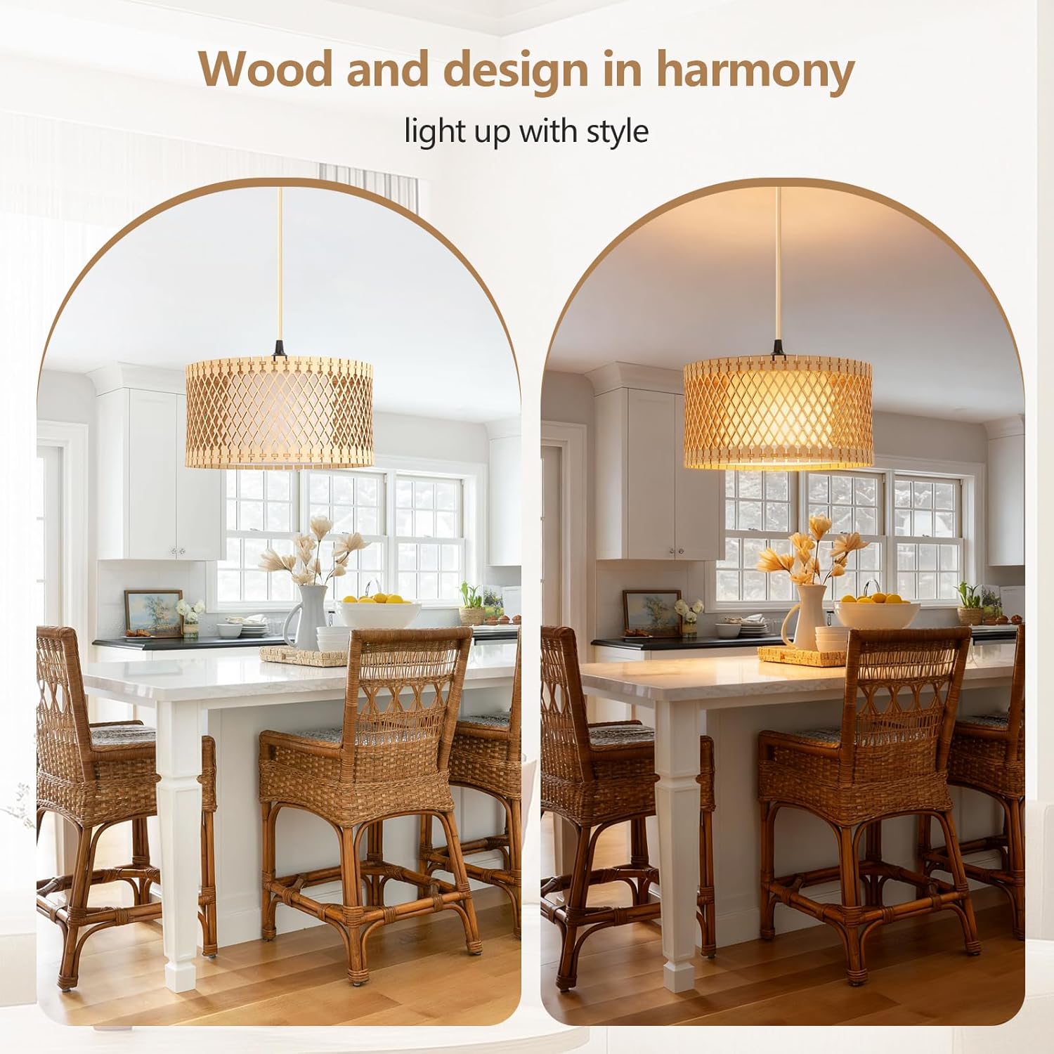 Hanging Lamp Plug in Pendant Light, 15FT Hanging Lights with Plug in Cord, Hanging Light with Bulb and Remote, Wood Shade Hanging Lamps for Bedroom, Living Room, Kitchen, Farmhouse