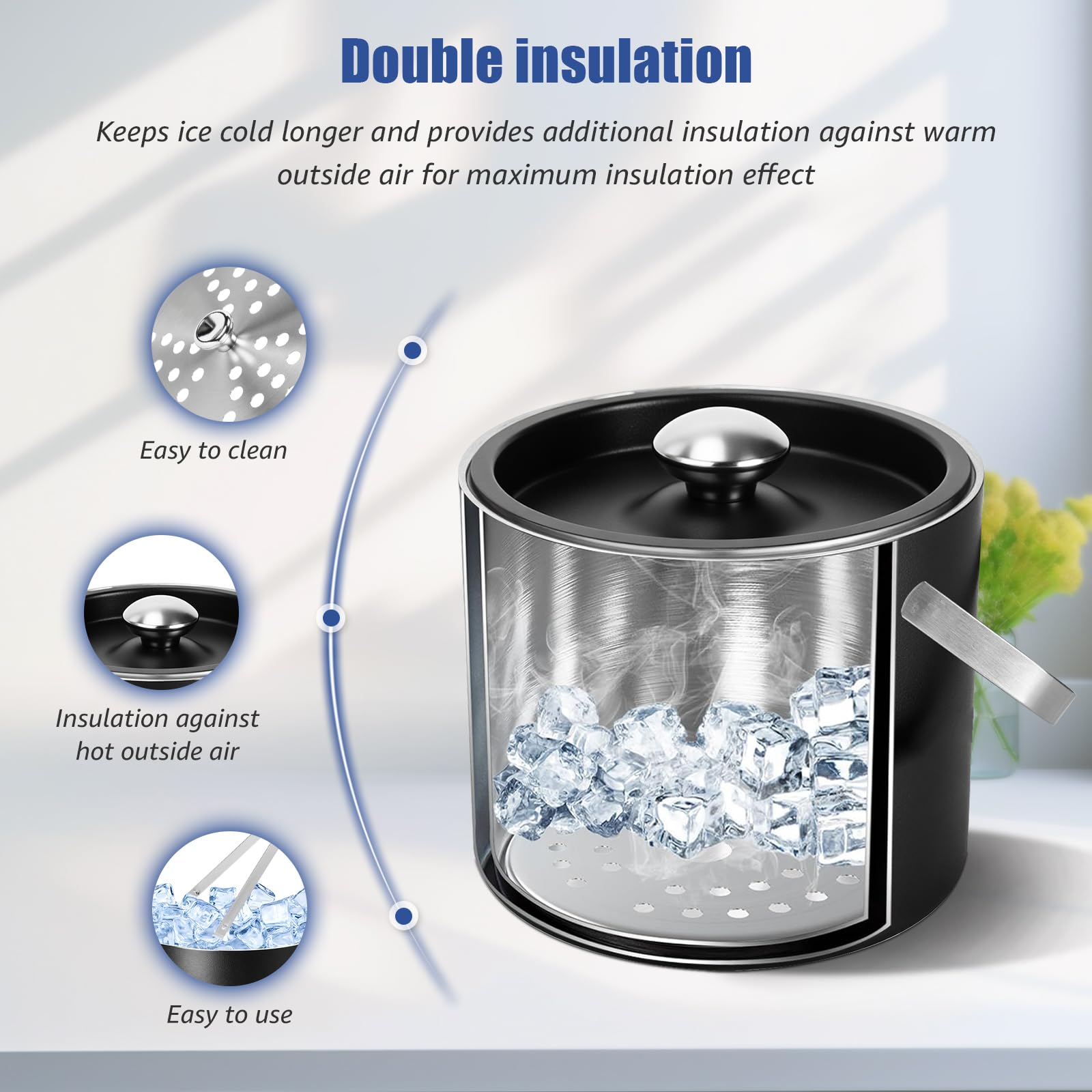 3L Seau à glace isolé exclusif de, en acier inoxydable, à double paroi, avec couvercle en silicone, pince, passoire, bac à glaçons en acier inoxydable, seau à glace isolé pour les fêtes