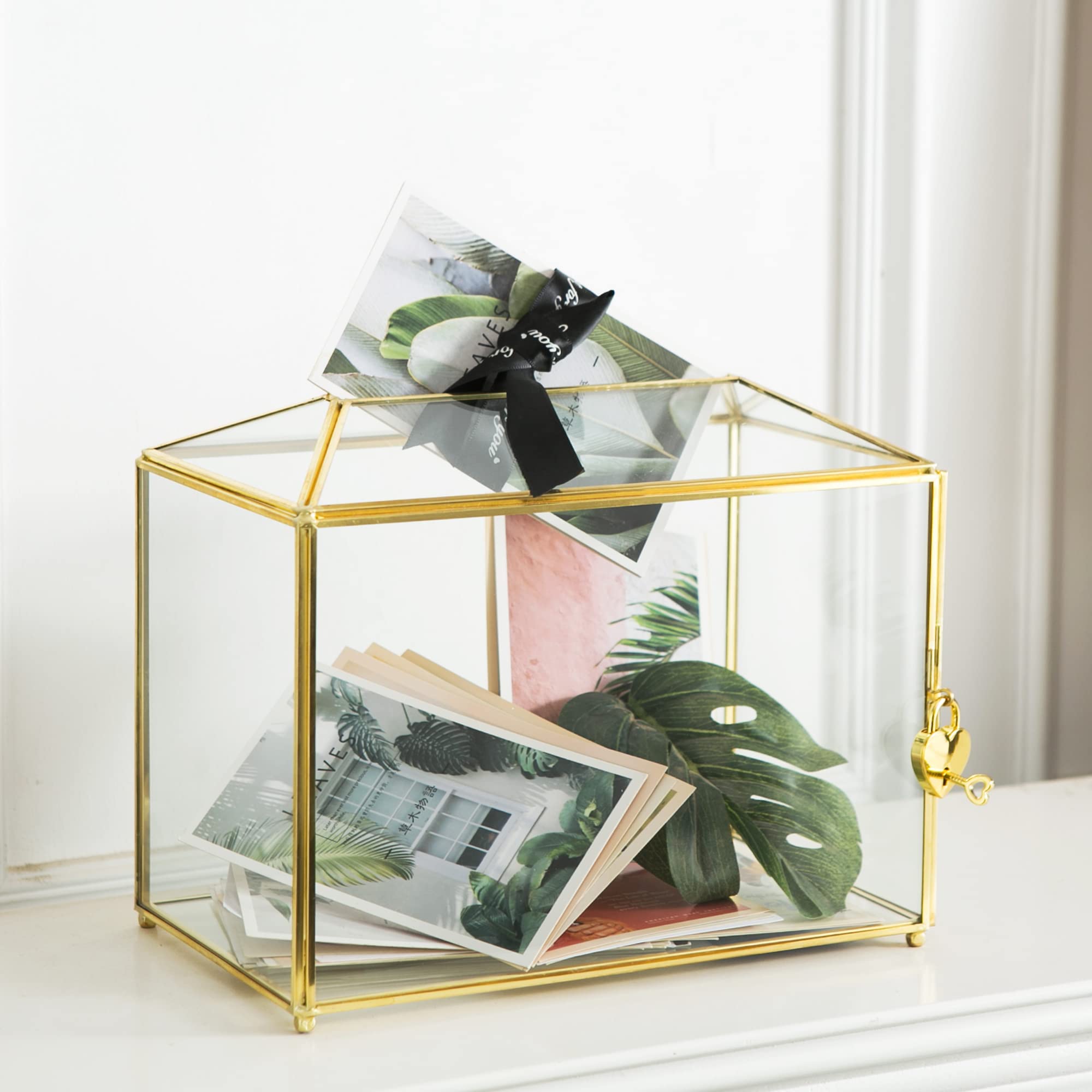 Grande boîte à cartes de mariage en verre transparent avec fente - 25,9 cm - En laiton doré - Avec serrure - Pour réceptions de mariage, fête prénatale, fête d'anniversaire