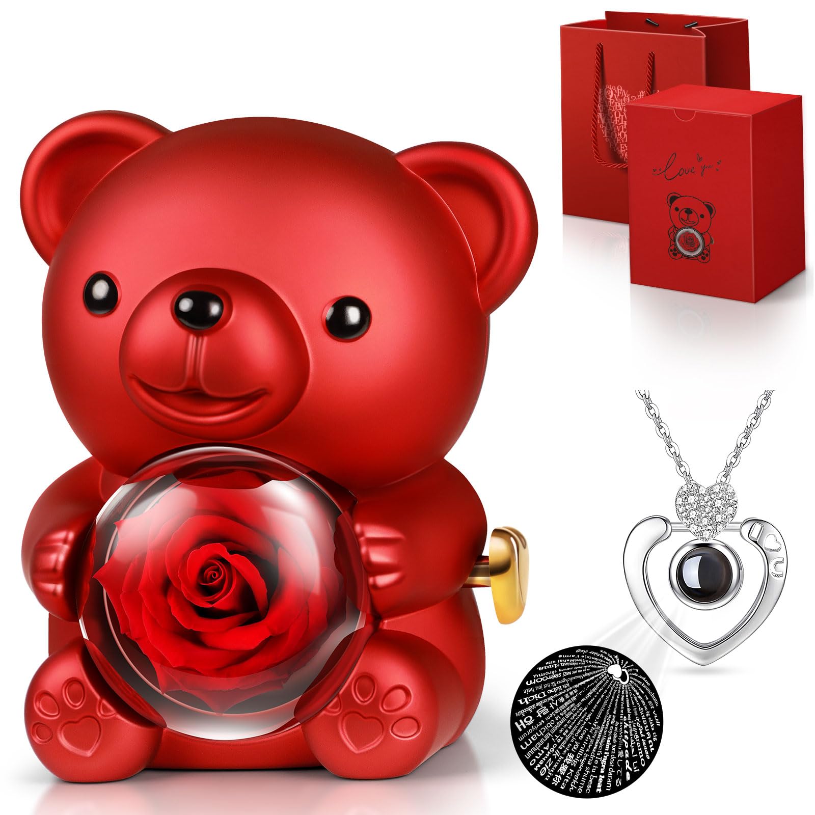 Hnustbo Rosa Eterna Stabilizzata con Collana I Love You, Rose Orso Originale Regalo per Donna Fidanzata Mamma Madre Nonna Moglie per San Valentino,Festa della Mamma,Compleanno,Natale