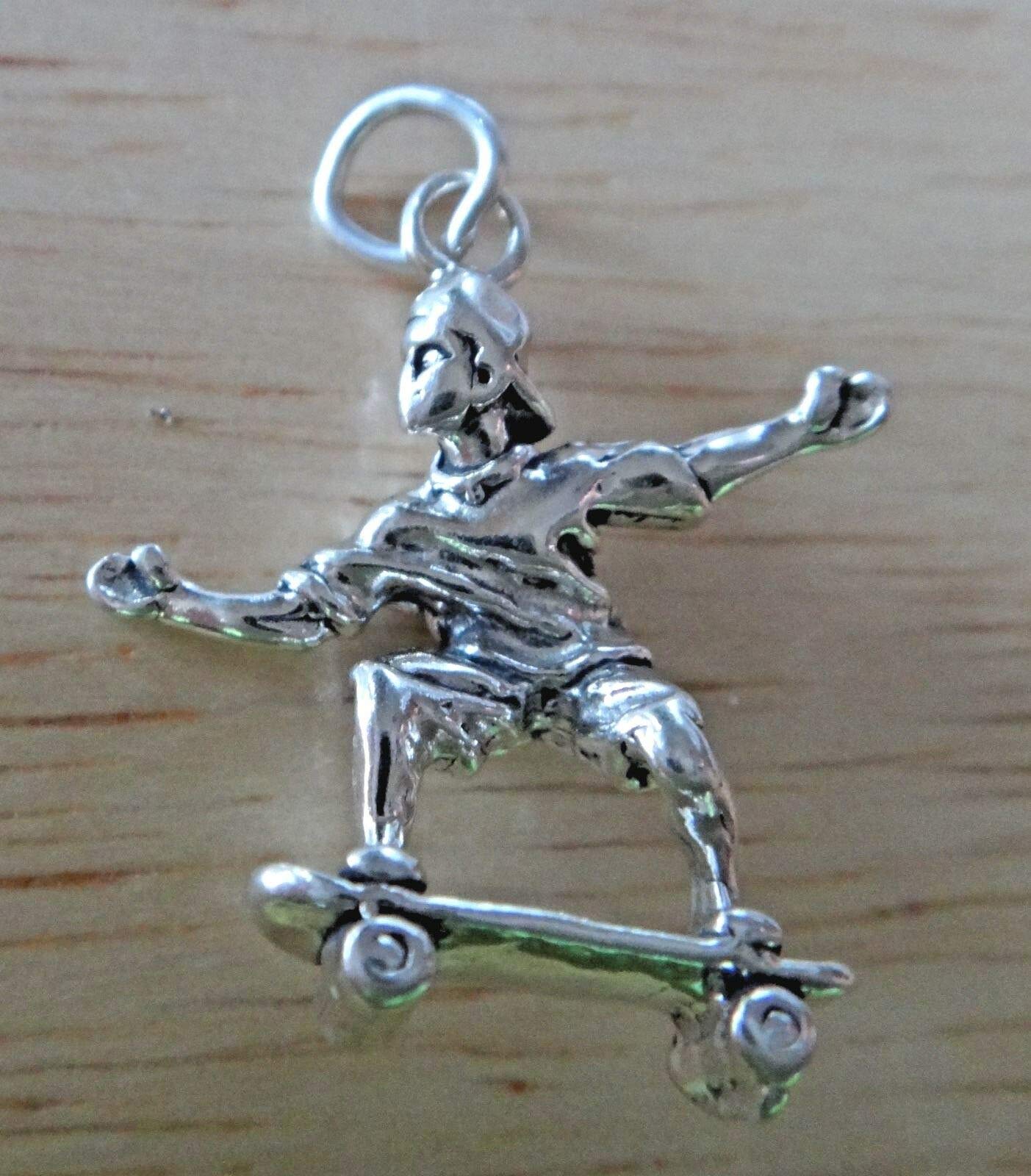Sterling Silver 3D 24x22mm Skateboard Skateboarder Charm Jewelry Making Supply, Pendant, Sterling Charm, Bracelet, Beads, DIY Crafting and Other by Wholesale Charms
