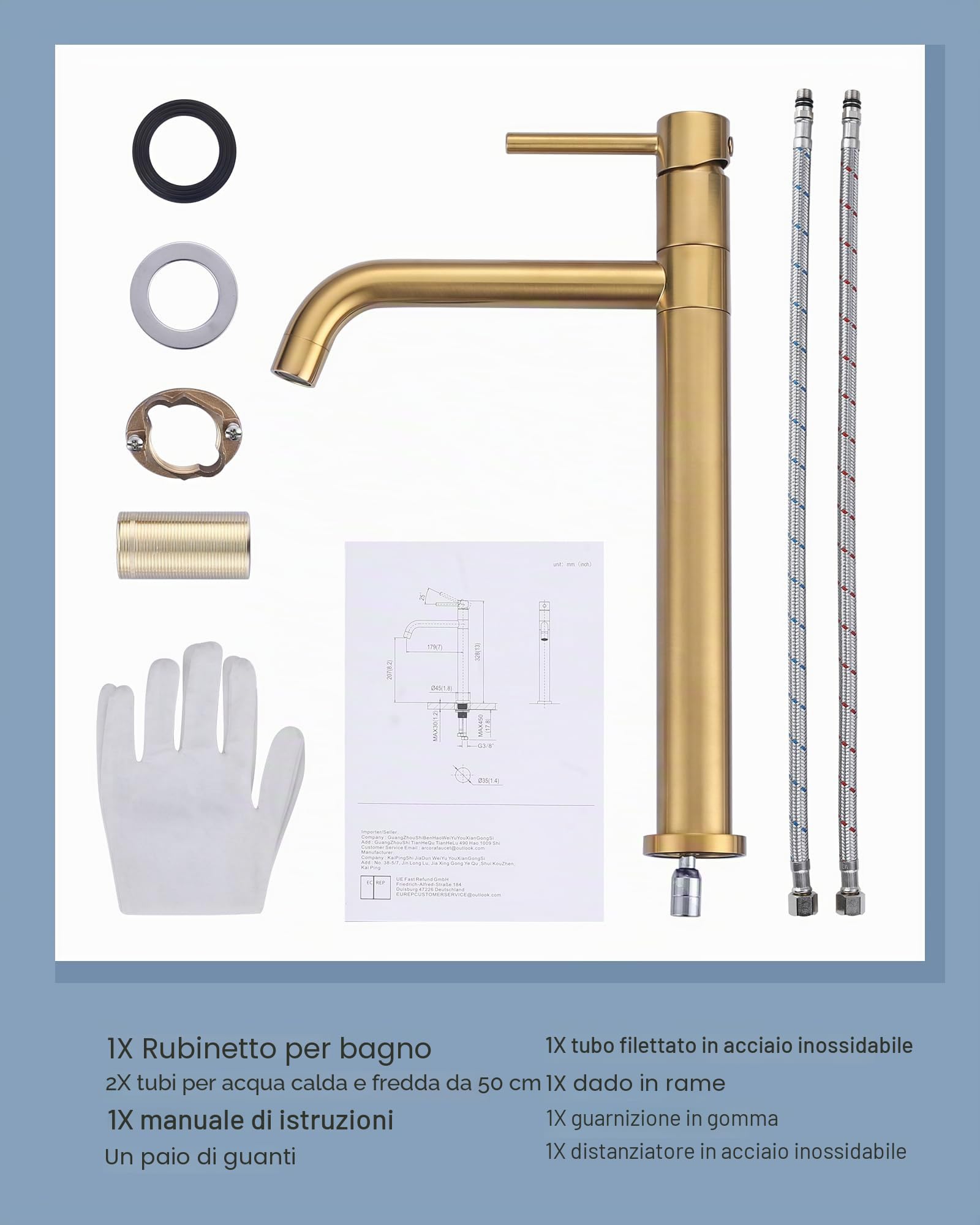 ARCORA Rubinetto Lavabo Alto, Miscelatore Monocomando Alto, Girevole 360°, Cartuccia Ceramica, Ottone Massiccio Acciaio Inox, Regolazione Fluida della Temperatura, per Lavabo da Bagno, Dorato