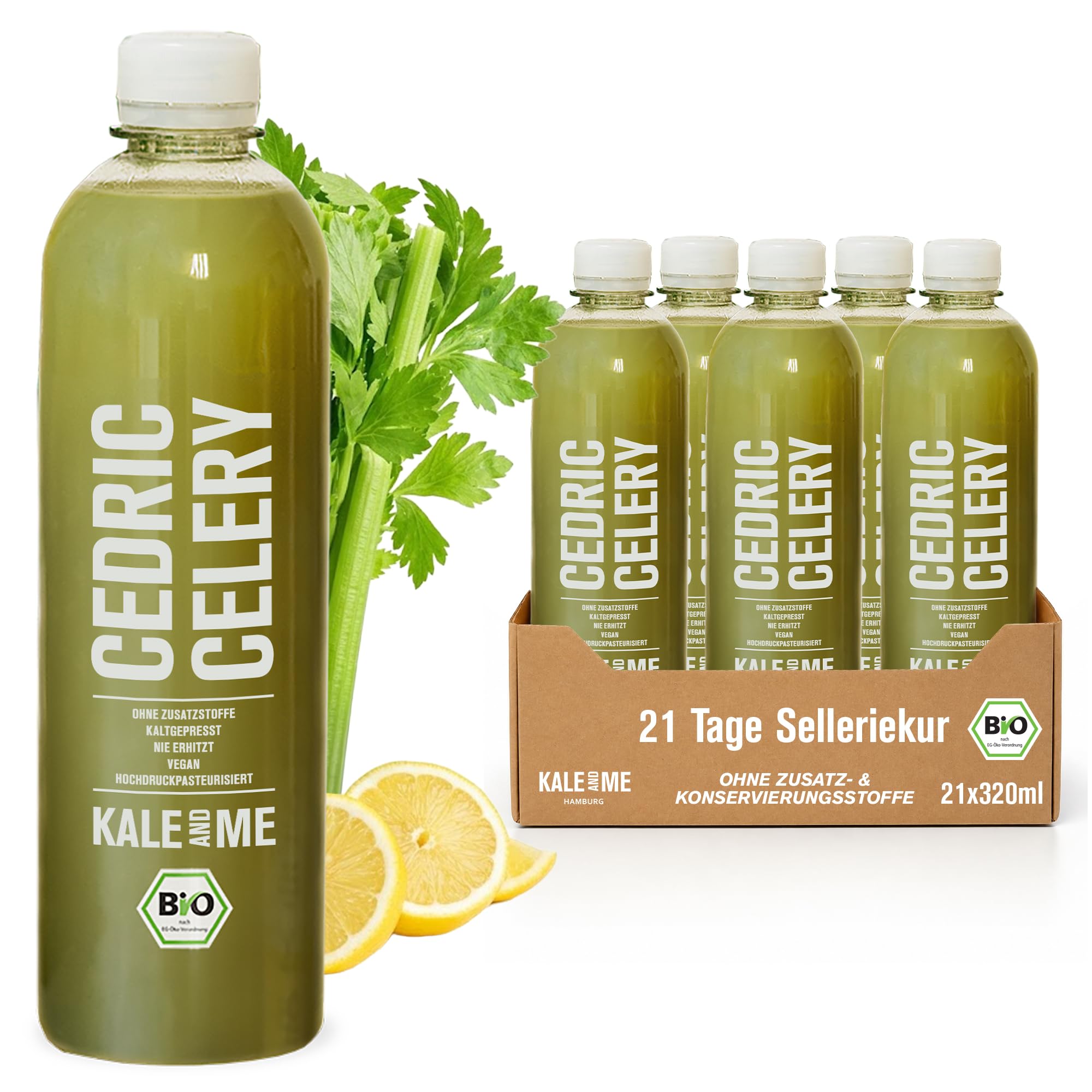 Kale&Me Selleriekur 21 Tage – 21 Flaschen mit je 320 ml – kaltgepresster Bio Selleriesaft mit Zitrone – vegan, ohne Zusatz- & Konservierungsstoffe – natürliche Kaliumquelle, reich an Mikronährstoffen
