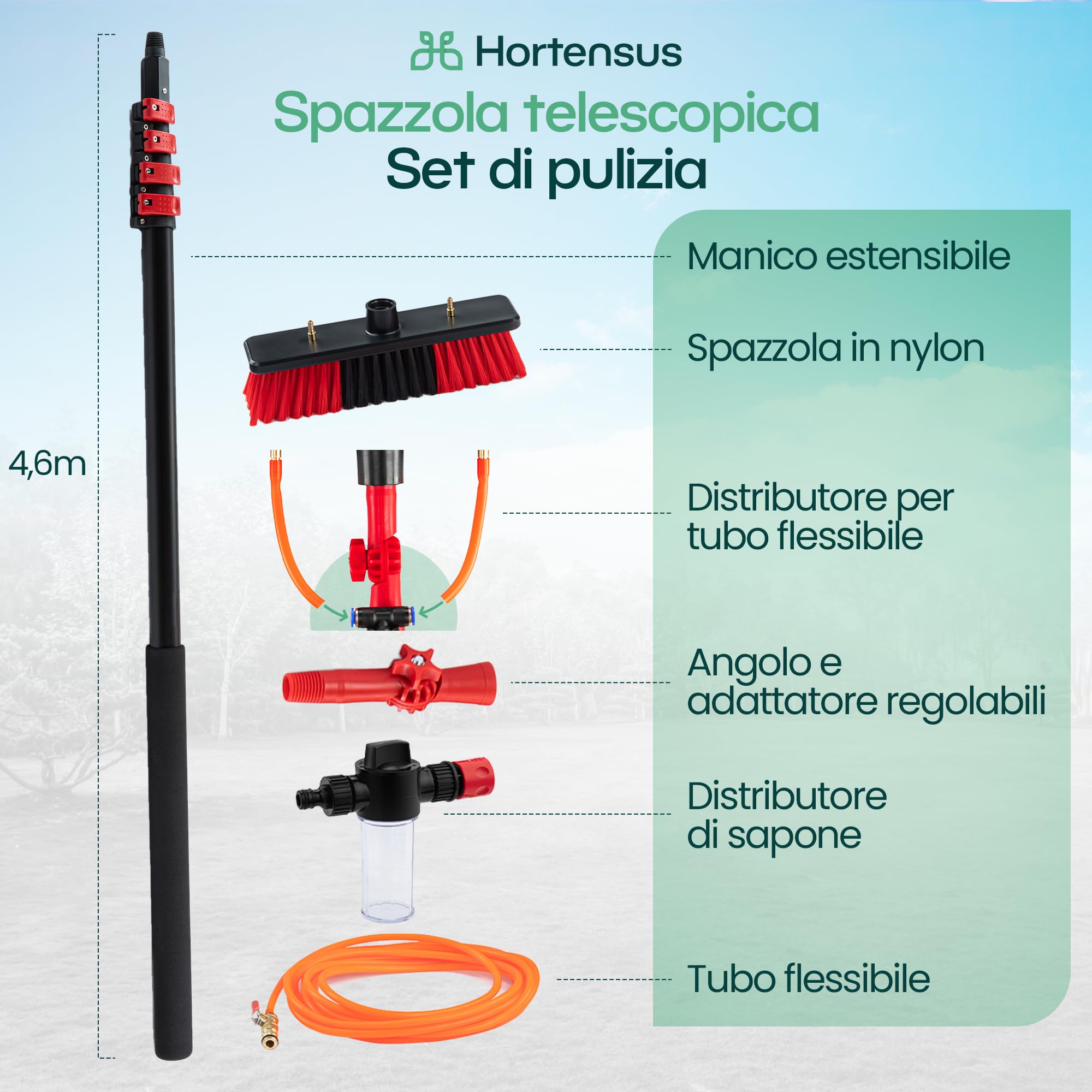 Spazzola Lavaggio con Asta Telescopico – Spazzola Telescopica con Collegamento all’Acqua per Pannelli Fotovoltaici e Solari, Auto, Camper, Grondaie, Tetti e Facciate Pulizia (4,6 m)