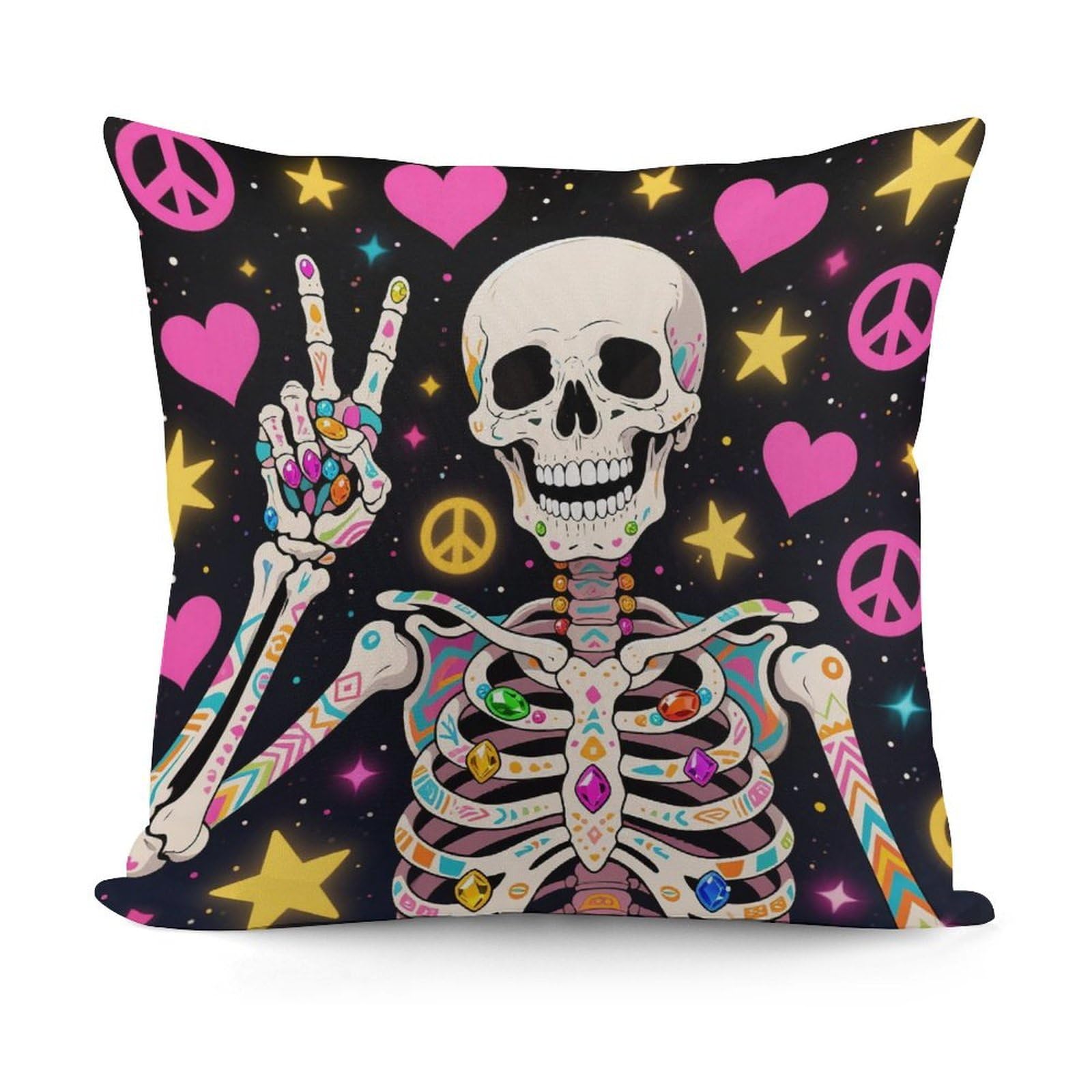 VstaDank Hippie Skull Throw Pillow Covers Fade-Resistant Removable Pillowcase Square Cushion Case Cozy Pillow Case Breathable Pillow Protector Soft Pillow Shams 18"x18"