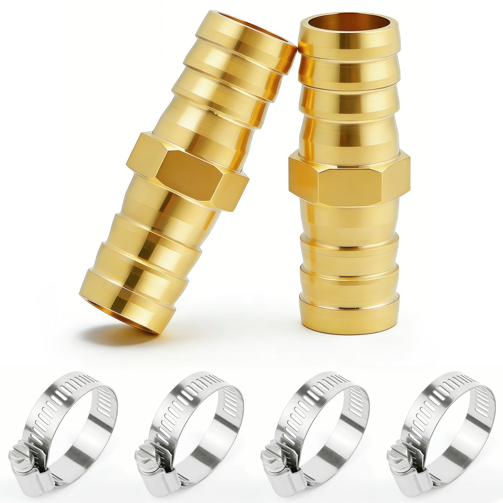 Closmos Brass Hose Barb Fitting Union 5/8" Barbed x 5/8" Barbed 2pcs with 4pcs Hose Clamps