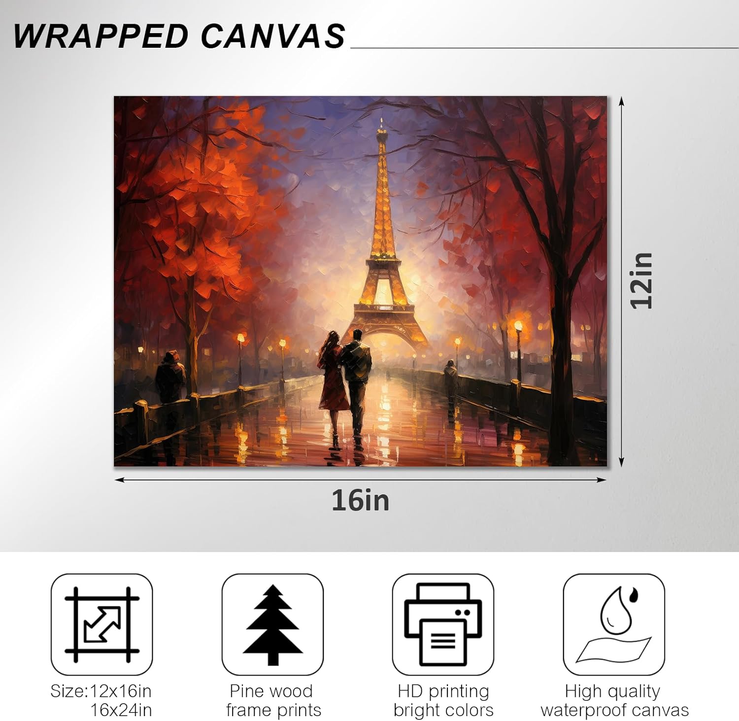 Romantic Paris Eiffel Tower Canvas Wall Art - Autumn Cityscape with Romantic Couple Walking on the Street, Ideal for Living Room, Bedroom Decor - Ready to Hang 16x24inch