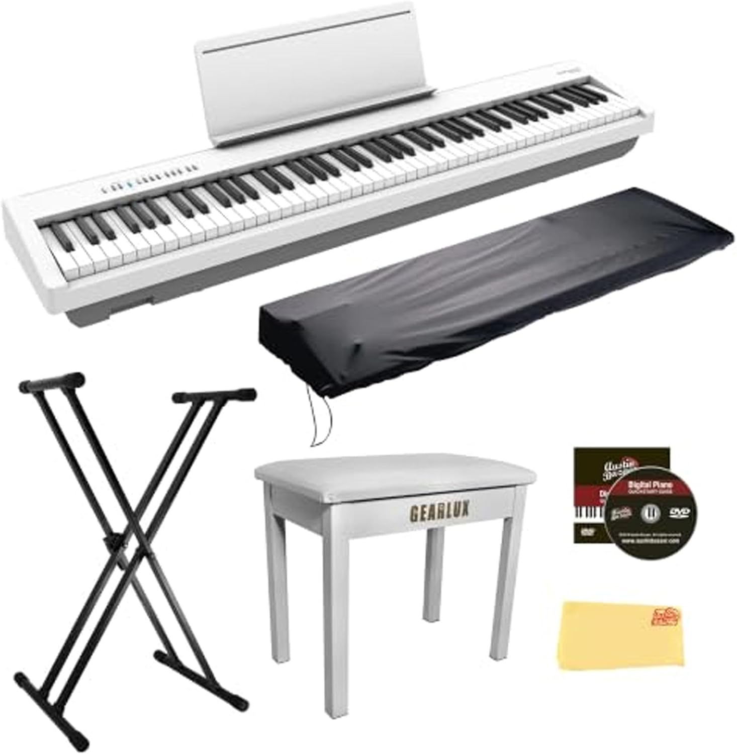 FP-30X 88-Key Digital Piano - White | Bundle with Adjustable Stand, Bench, Piano Cover, Online Lessons, Austin Bazaar Instructional DVD, and Polishing Cloth