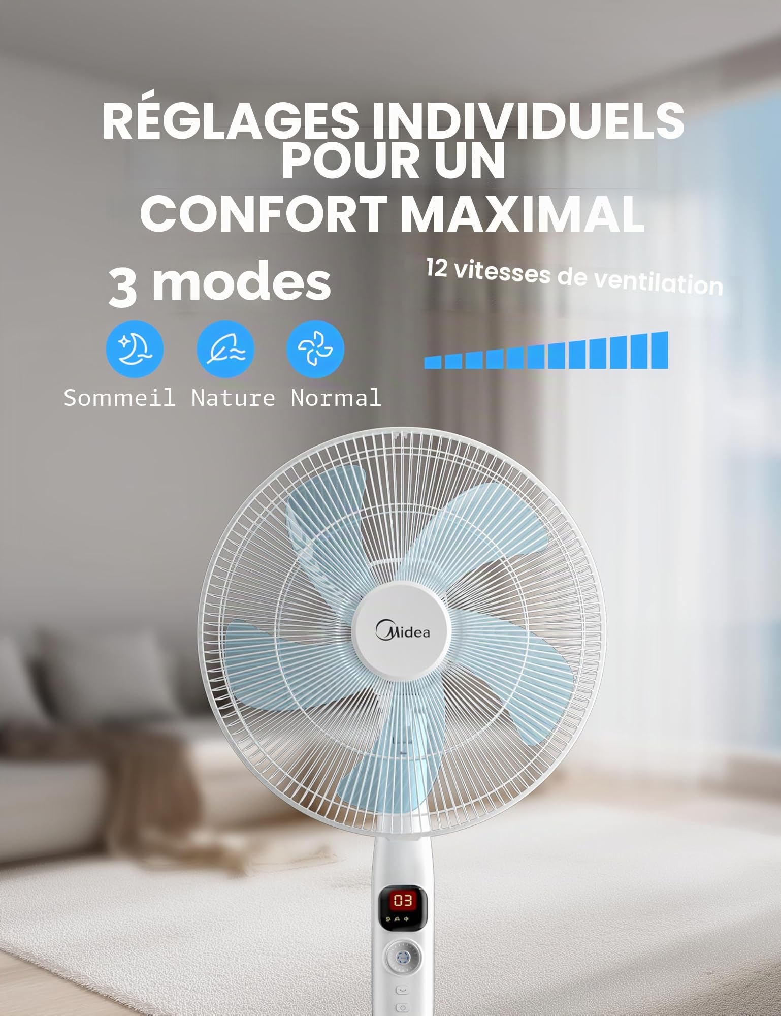 Midea Ventilateur Ultra Silencieux 27 dB avec Télécommande,FS40-16CR