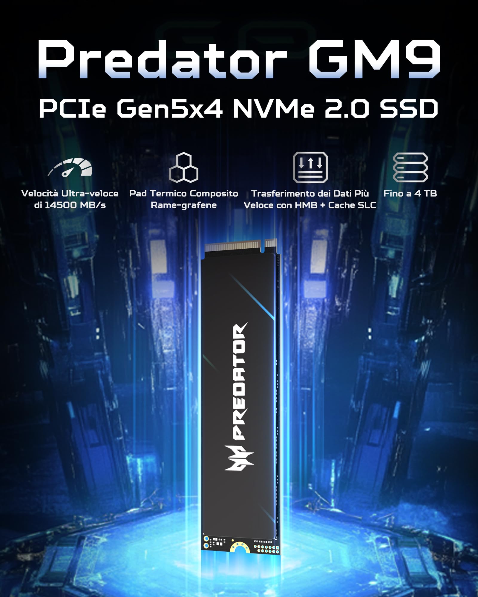 Acer Predator GM9 M.2 NVMe SSD 1TB PCIe 5.0 – Velocità di lettura fino a 14500 MB/s – Disco interno Gen5 per uso professionale – Alimentazione per il gioco compatibile con PC e laptop.